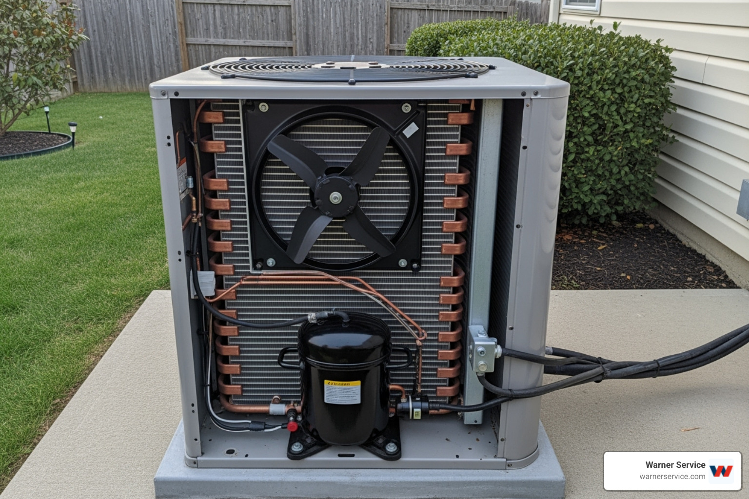 Image of an outdoor condenser unit with its panel open showing internal components - AC not cooling