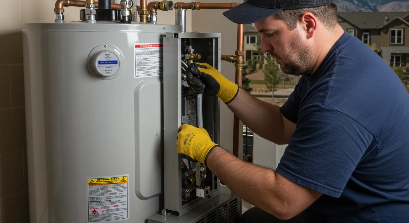 Technician in yellow gloves repairing water heater with visible pipes and safety labels