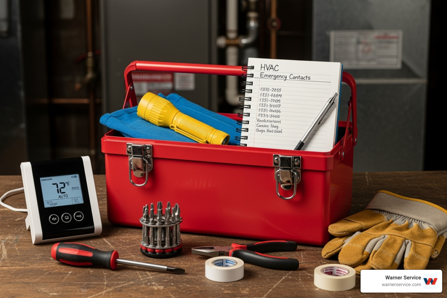Homeowner's "HVAC emergency kit" with a flashlight and contact info - 24/7 HVAC service