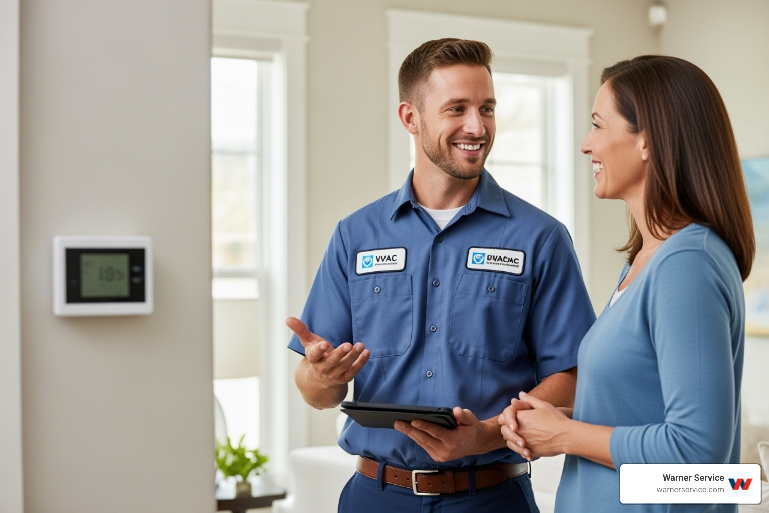 Friendly, professional technician talking to a homeowner - 24/7 HVAC service