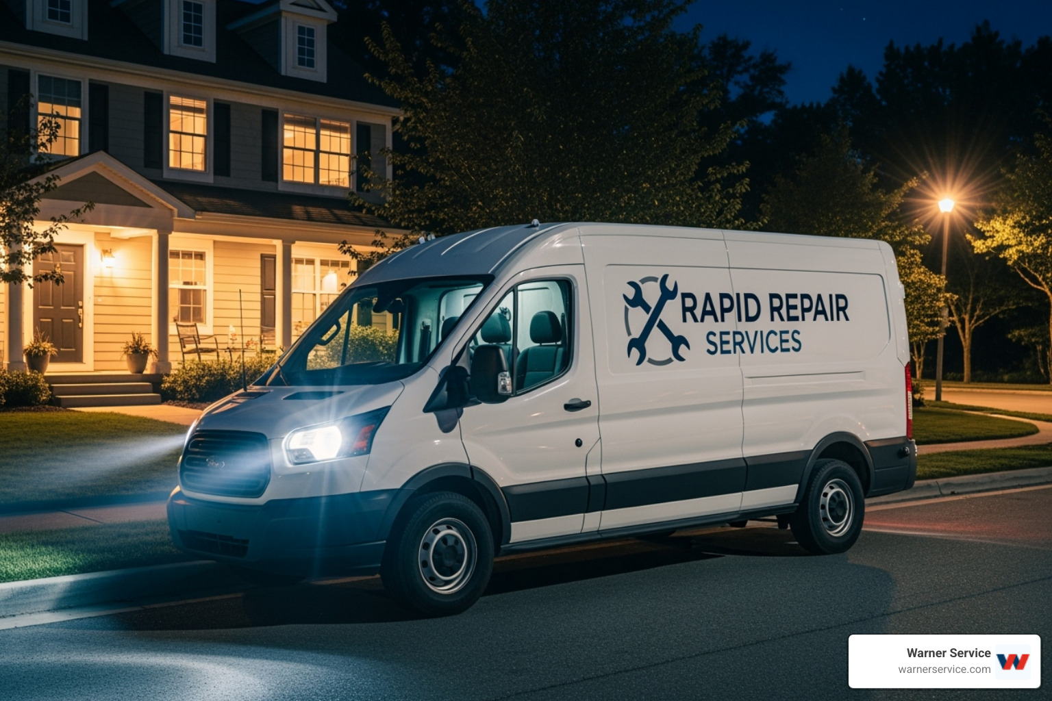Service van arriving at a home at night - 24/7 HVAC service