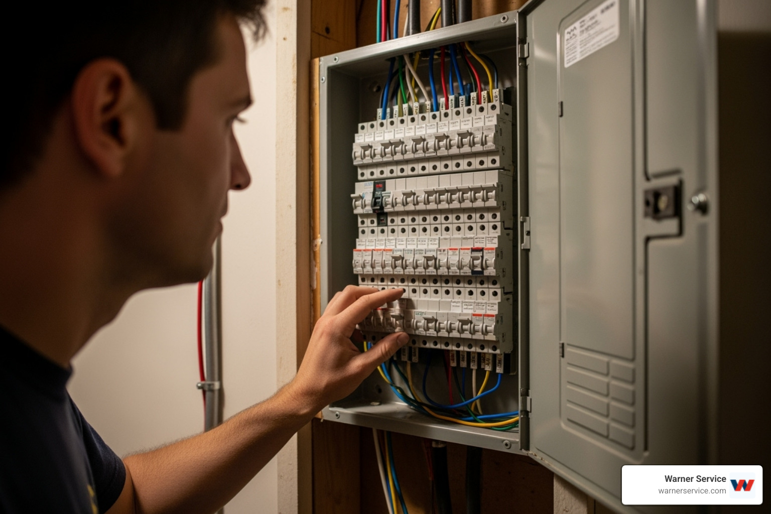 person checking a home's circuit breaker panel - emergency ac repair service in frederick md