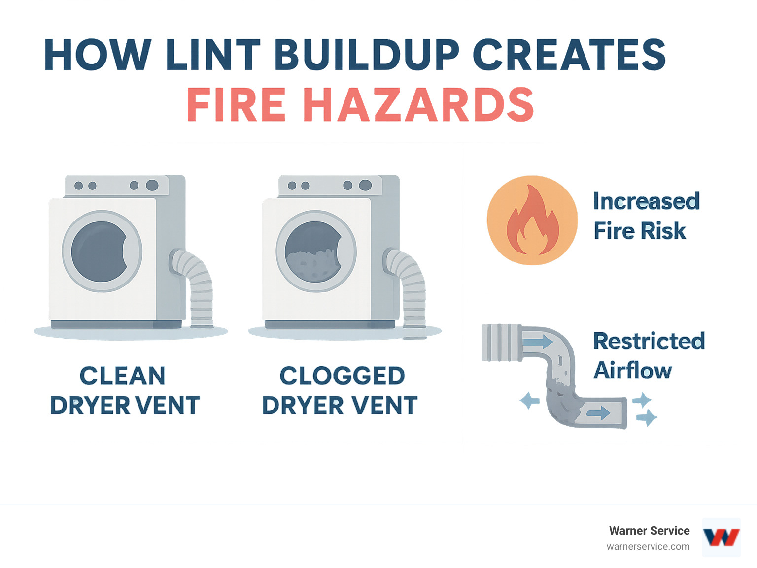 Infographic showing how lint buildup in dryer vents creates fire hazards, with illustrations of clean vs. clogged vents, fire risk indicators, and the path of airflow restriction - clean dryer vent infographic 