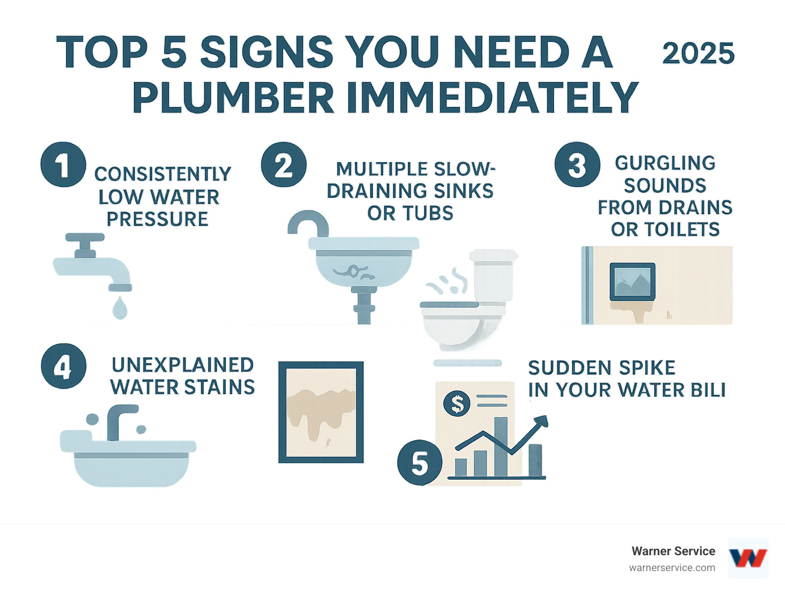 Infographic showing the top 5 signs you need a plumber immediately: consistently low water pressure throughout the house, multiple slow-draining sinks or tubs, gurgling sounds coming from drains or toilets, unexplained water stains on walls or ceilings, and a sudden spike in your monthly water bill - frederick county md plumber infographic 