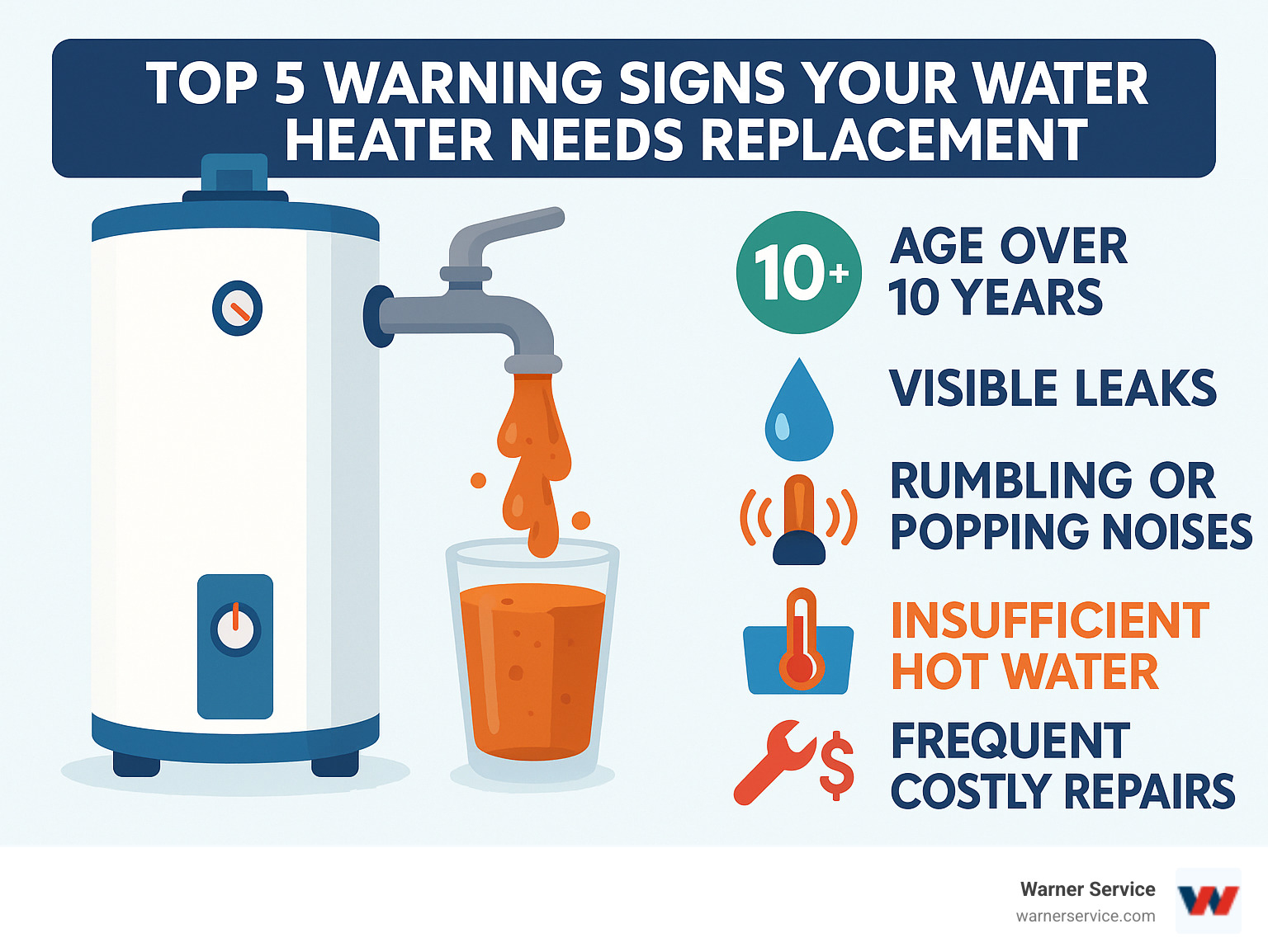 Infographic showing the top 5 warning signs your water heater needs replacement: age over 10 years with rusty water coming from faucet, visible leaks around tank base, rumbling or popping noises from unit, insufficient hot water supply, and frequent costly repairs - Water heater installation Frederick infographic 
