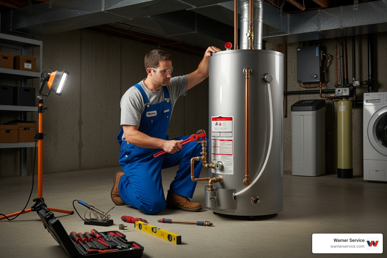uniformed technician professionally installing a new water heater - Water heater installation Frederick
