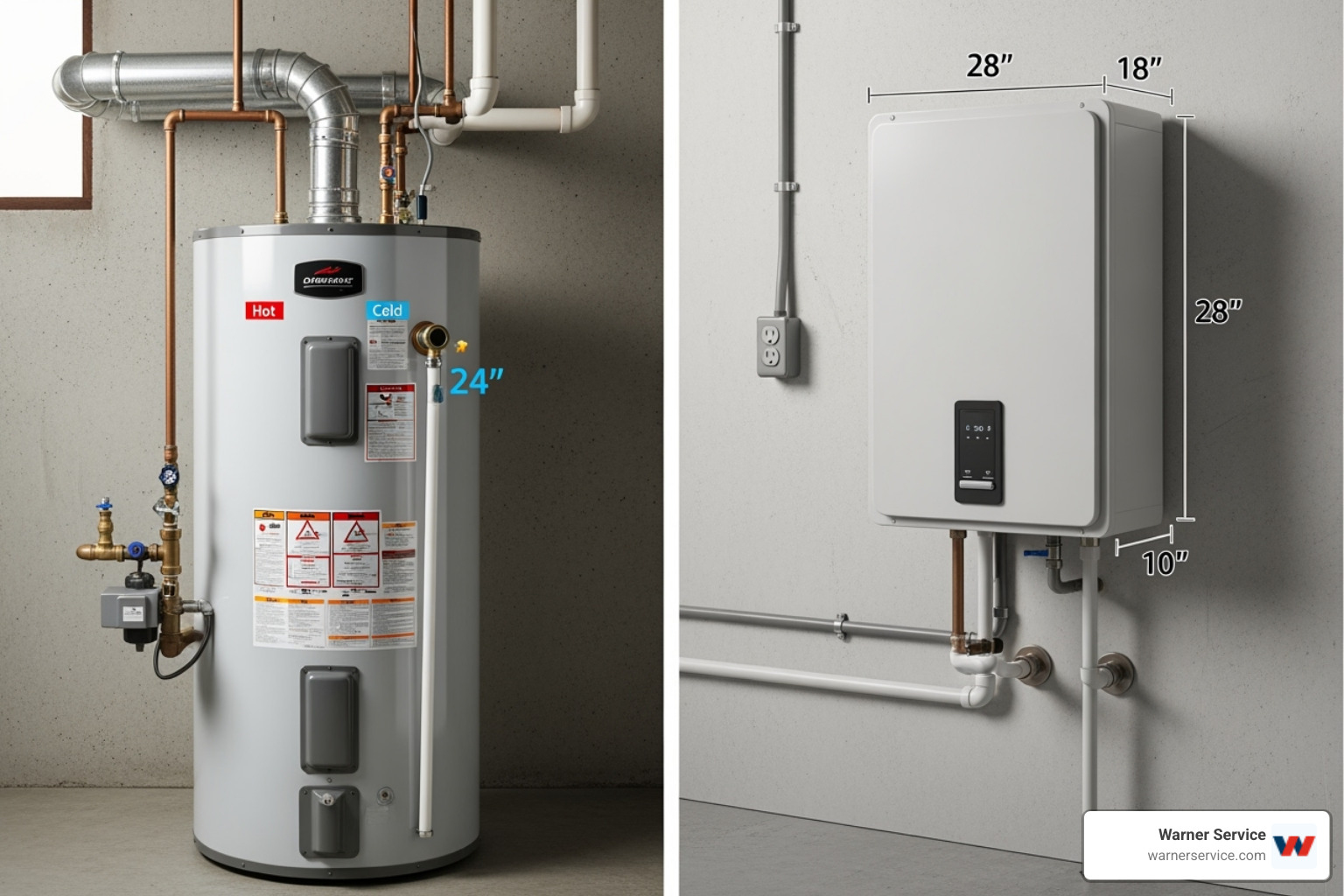 side-by-side comparison of a tank and tankless water heater - Water heater installation Frederick