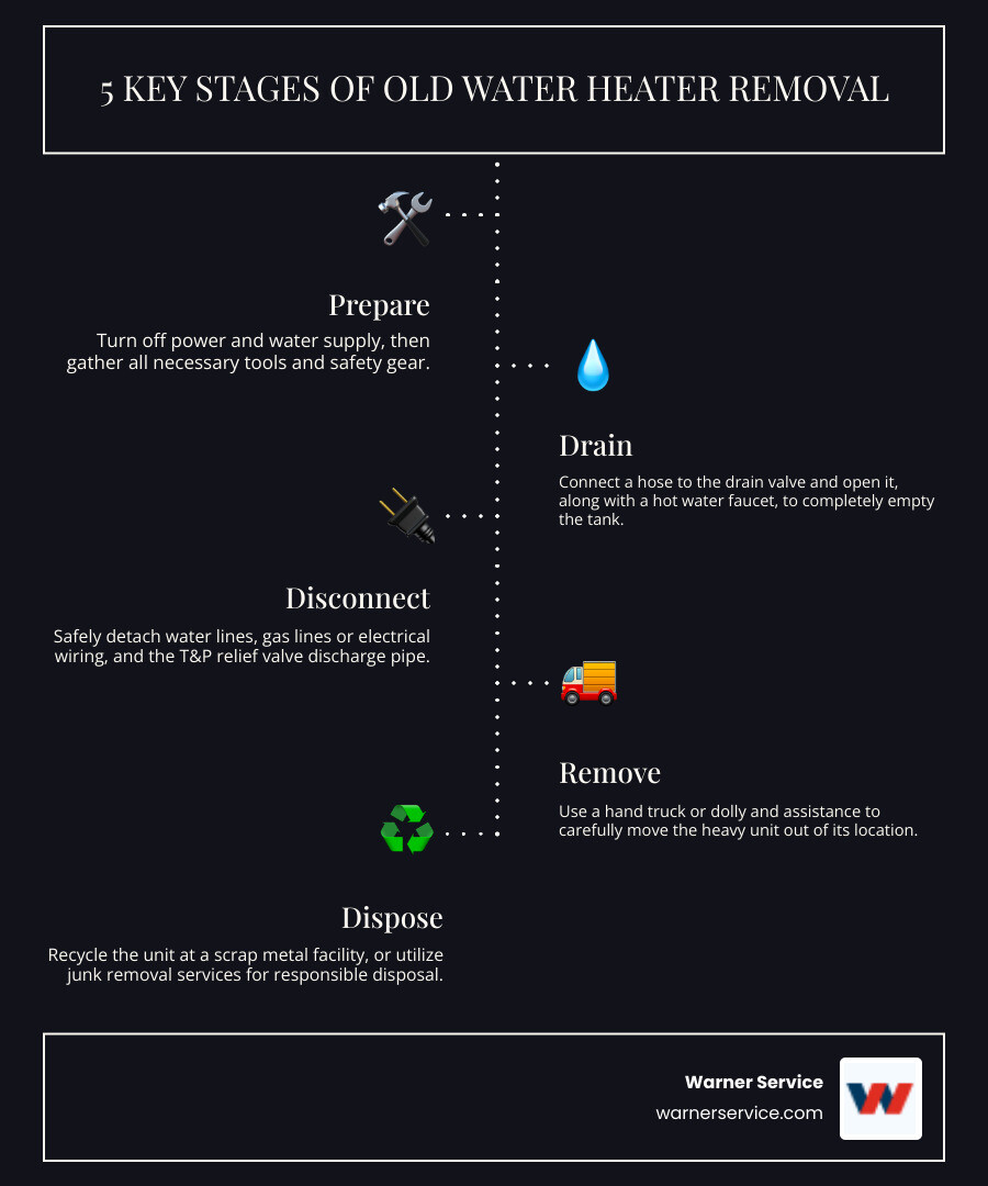 Step-by-step infographic showing the 5 main stages of old water heater removal: Stage 1 - Prepare (turn off power and water, gather tools), Stage 2 - Drain (connect hose to drain valve, open hot water faucet), Stage 3 - Disconnect (remove water lines, gas/electric connections, vent pipe), Stage 4 - Remove (use dolly, get help lifting, clear pathway), Stage 5 - Dispose (recycle at scrap facility, donate if working, or use junk removal service) - old water heater removal infographic infographic-line-5-steps-dark