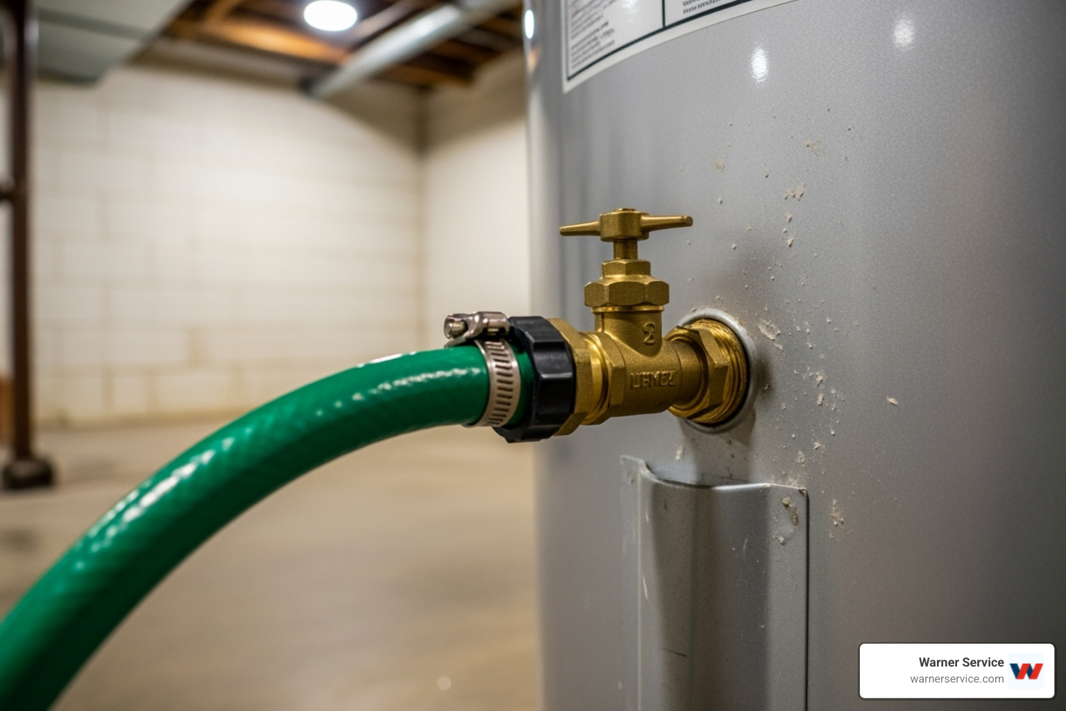 A garden hose connected to the water heater's drain valve, ready to drain the tank - old water heater removal