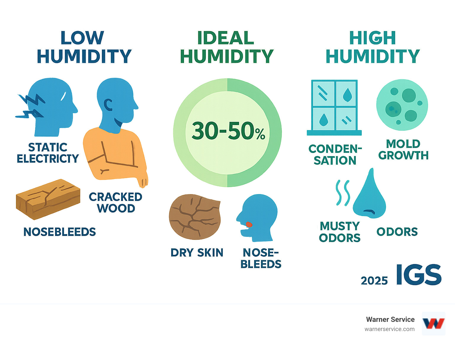 Detailed infographic showing the effects of low humidity (static electricity, dry skin, cracked wood, nosebleeds) versus high humidity (condensation, mold growth, musty odors) with the ideal range of 30-50% highlighted in the center - furnace humidity control infographic 