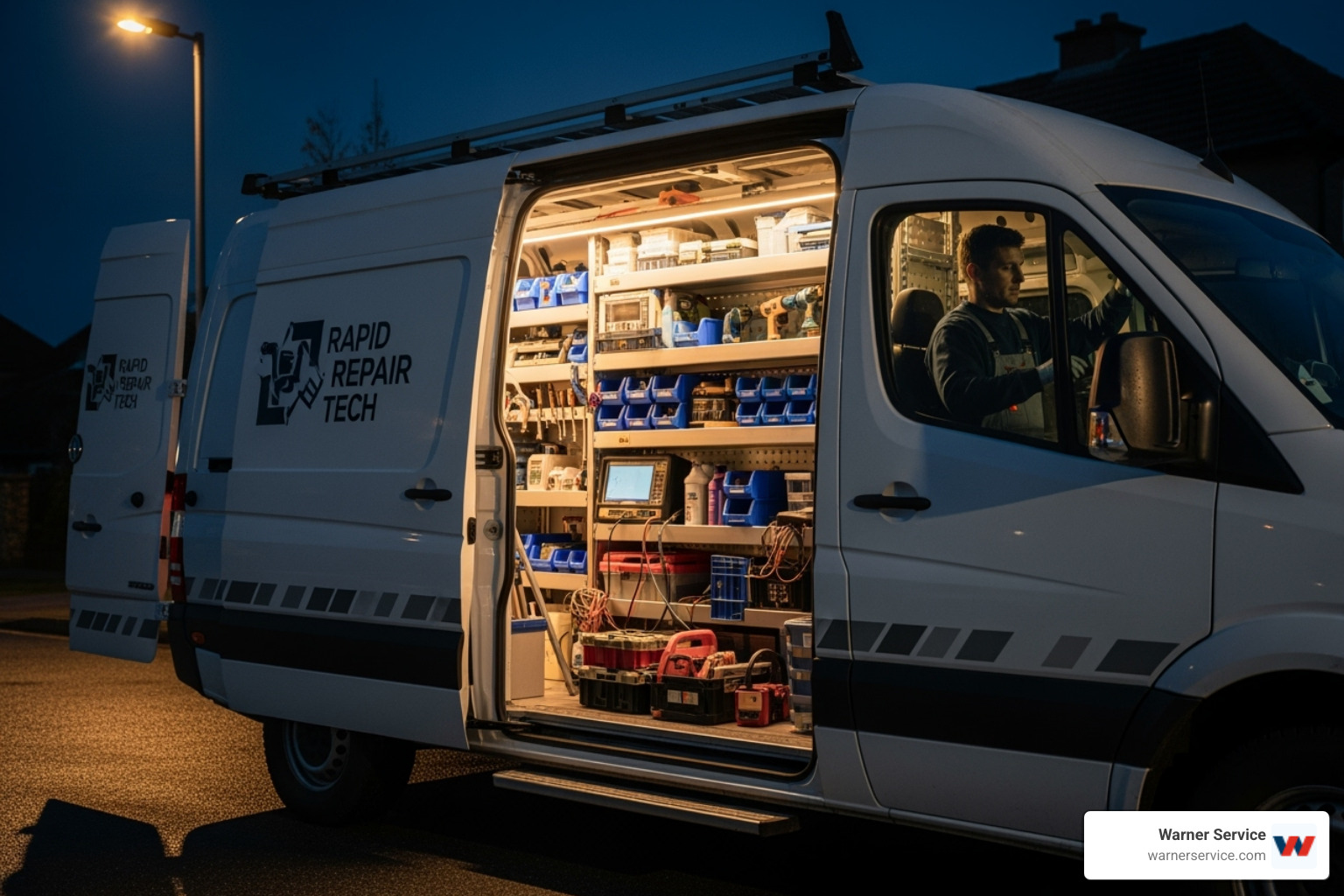 A technician's well-stocked service van at night - HVAC emergency service