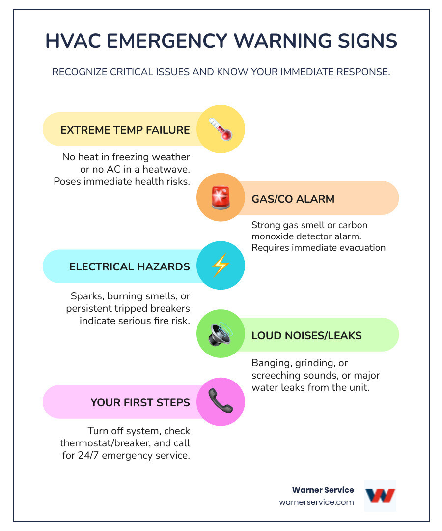 Infographic showing HVAC emergency warning signs including no heat in winter, no cooling in summer heat, gas odors, carbon monoxide alarms, electrical sparks, loud noises, and major water leaks with immediate action steps - HVAC emergency service infographic infographic-line-5-steps-colors
