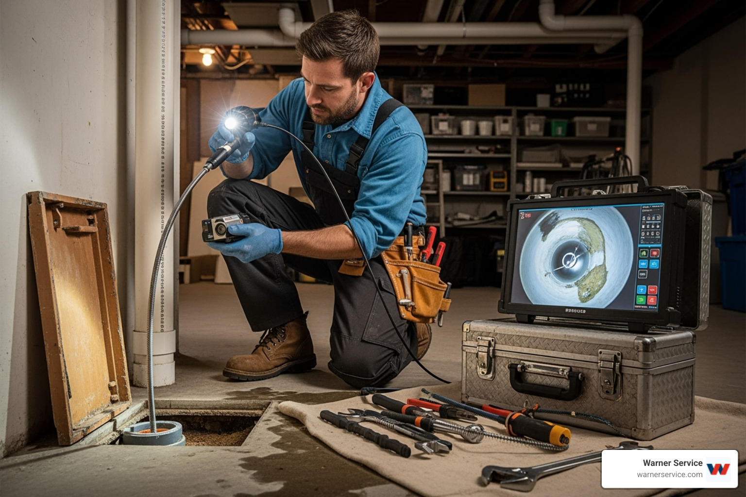 Image of a plumber performing a video camera inspection of a drain pipe - Drain cleaning Frederick