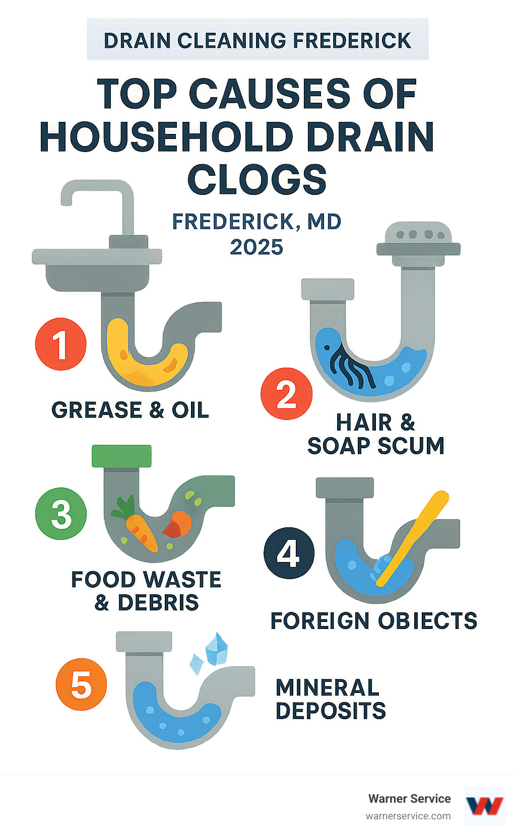 Infographic showing the top 5 causes of household drain clogs: grease and oil buildup in kitchen sinks, hair and soap scum in bathroom drains, food waste and debris, foreign objects accidentally dropped down drains, and mineral deposits from hard water common in Frederick, MD homes - Drain cleaning Frederick infographic 