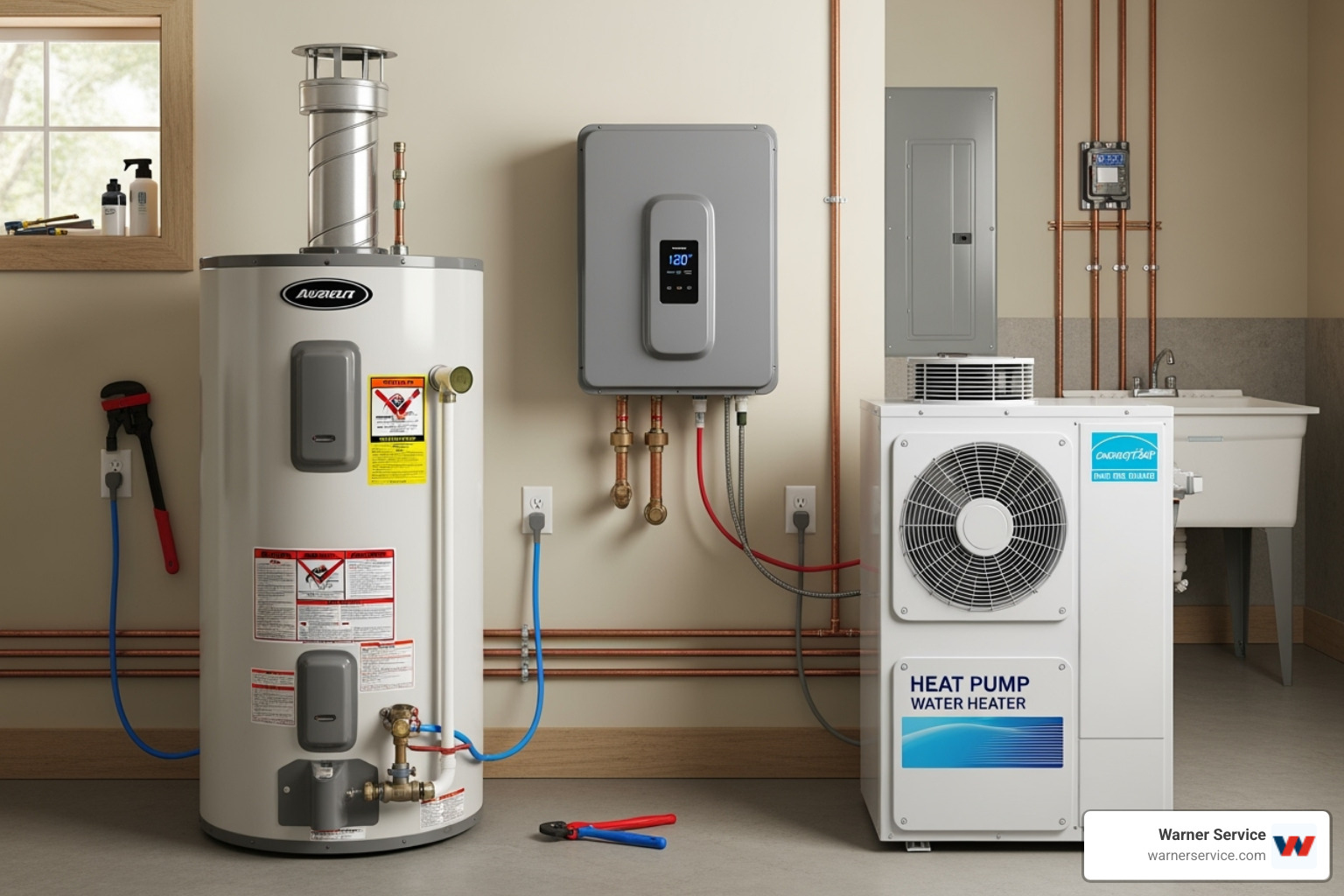 different water heater types side-by-side (tank, tankless, hybrid) - water heater installation