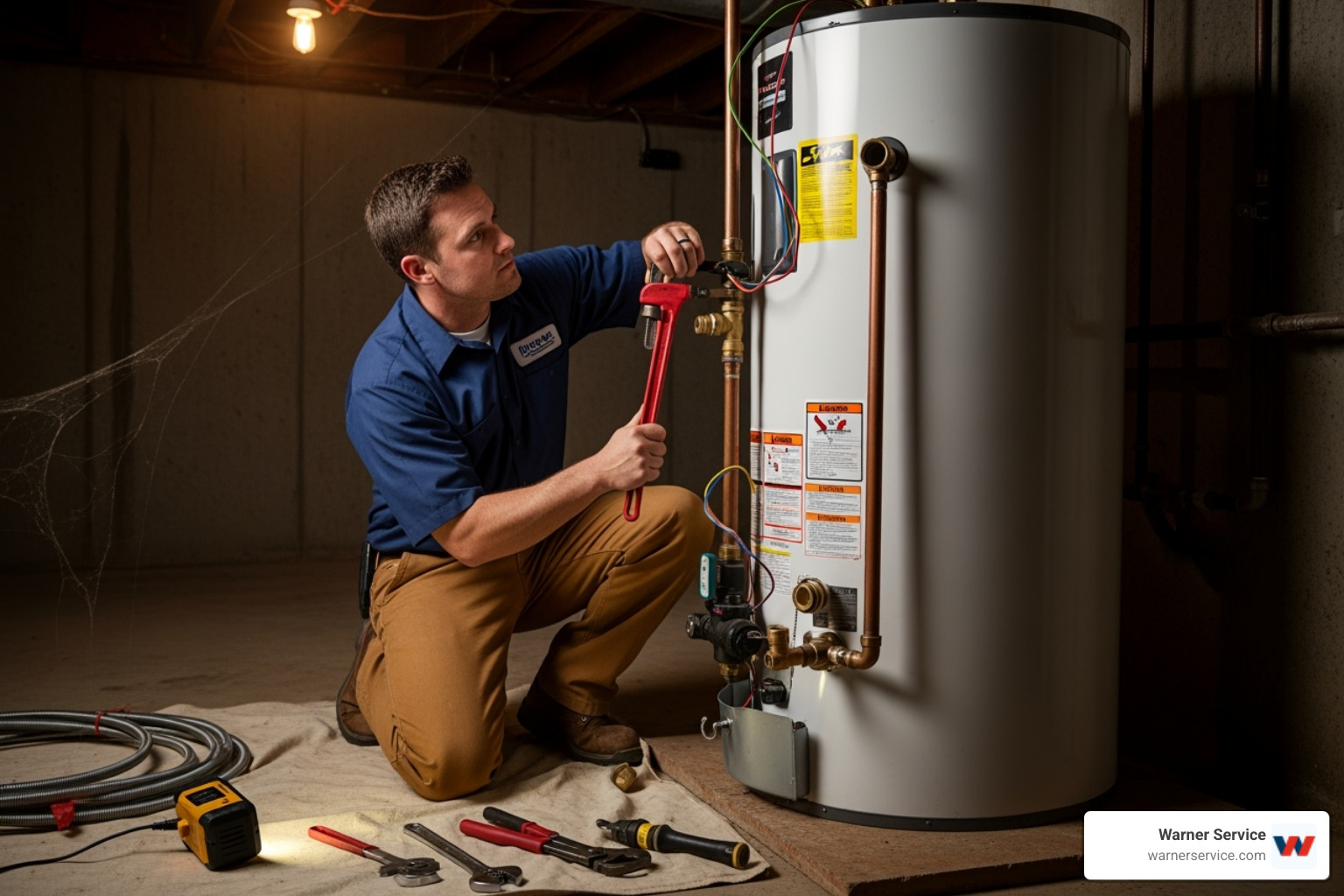 licensed technician working on water heater connections - water heater installation