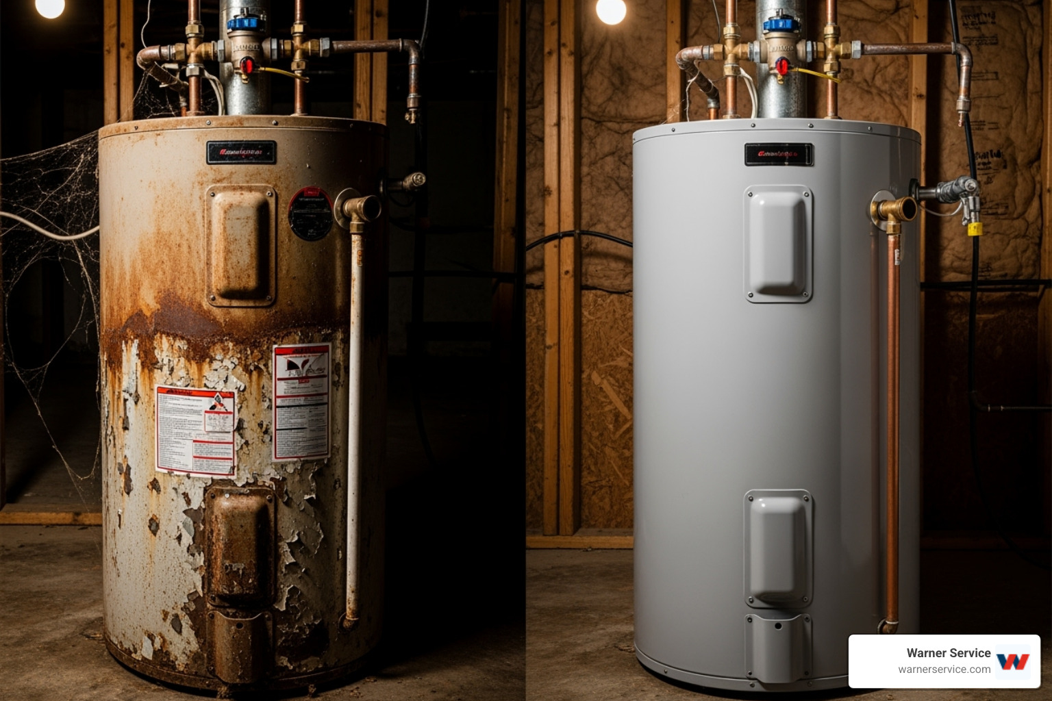 old, rusty water heater next to a new one - water heater installation