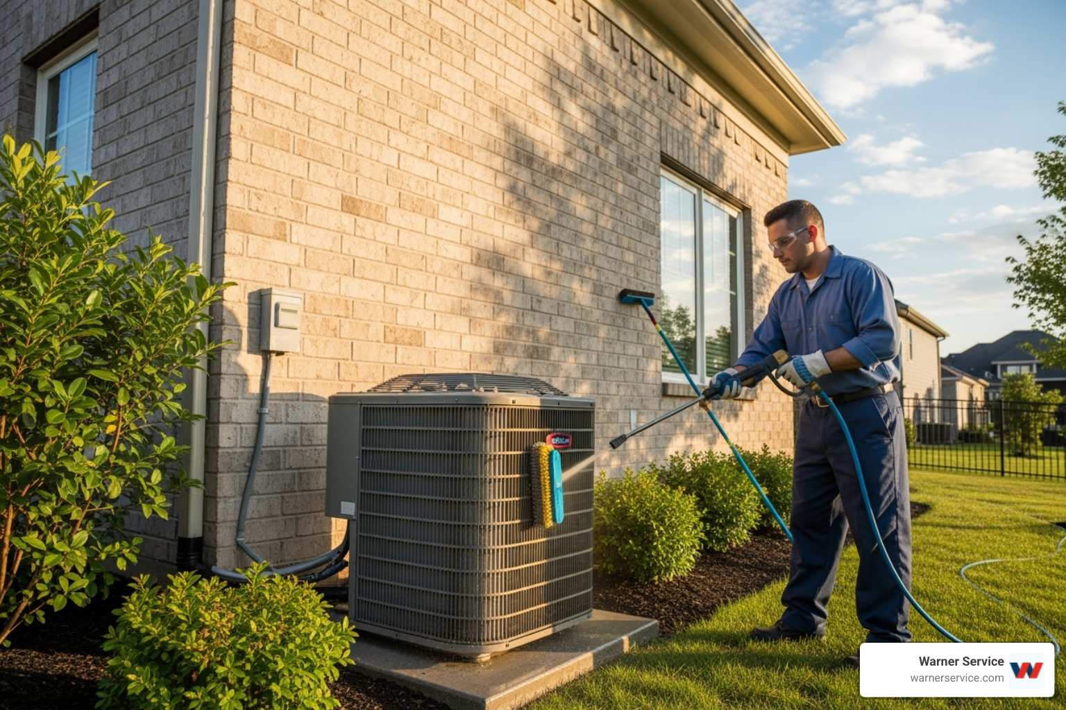 Warner Service technician cleaning an outdoor condenser unit - HVAC service plans