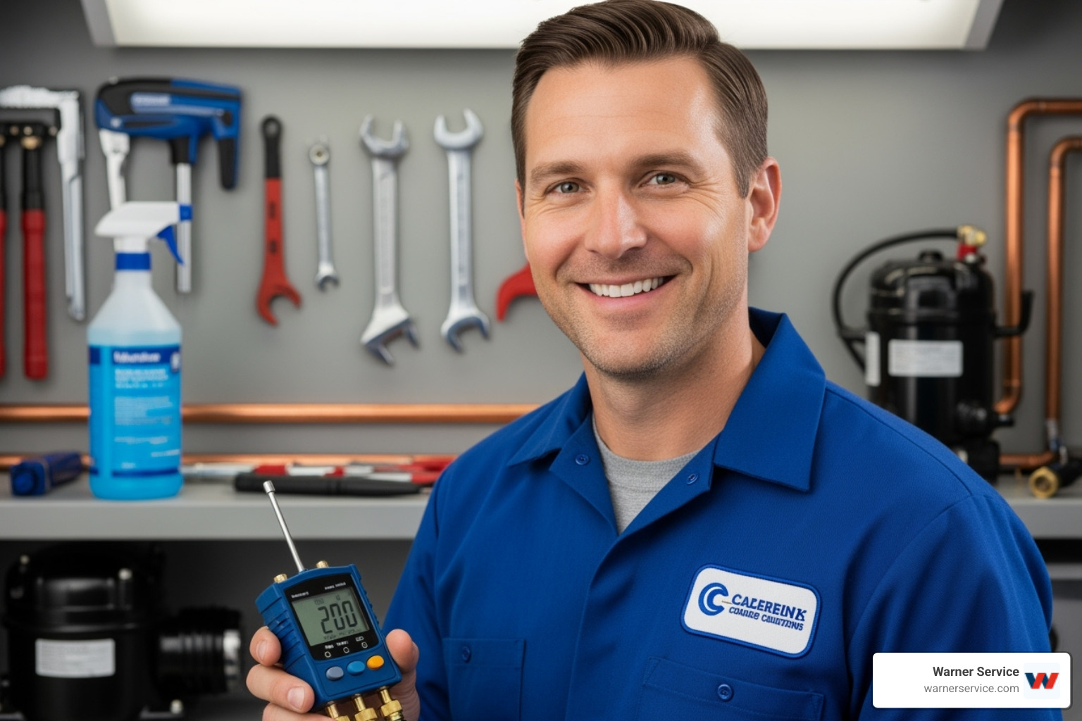 Professional HVAC technician smiling - air conditioner repair frederick md