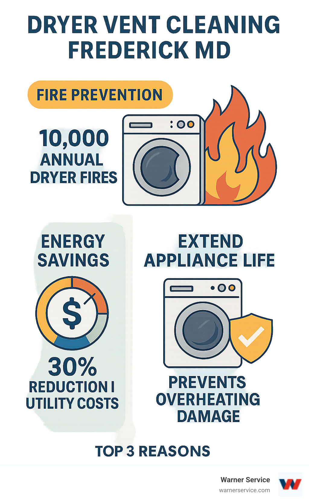Infographic showing the top 3 reasons for dryer vent cleaning in Frederick MD: fire prevention with statistics showing 10,000 annual dryer fires, energy savings showing 30% reduction in utility costs, and extending appliance life by preventing overheating damage - dryer vent cleaning frederick md infographic 