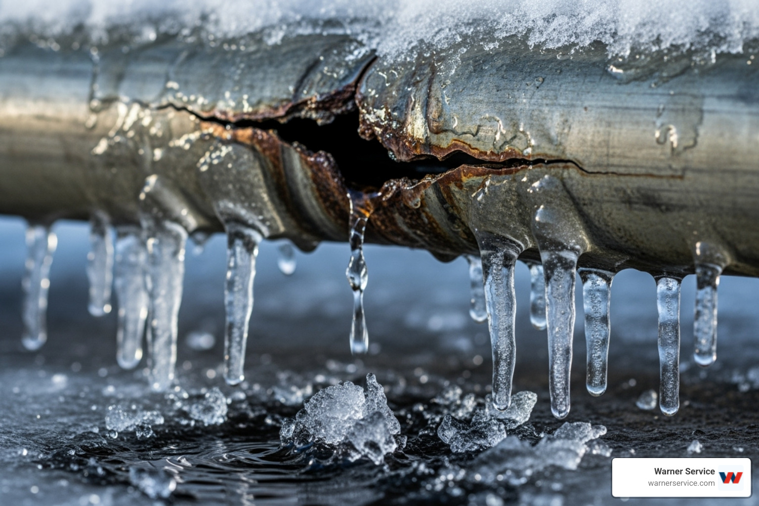 A frozen pipe with a small crack, showing damage from cold weather - plumber frederick co