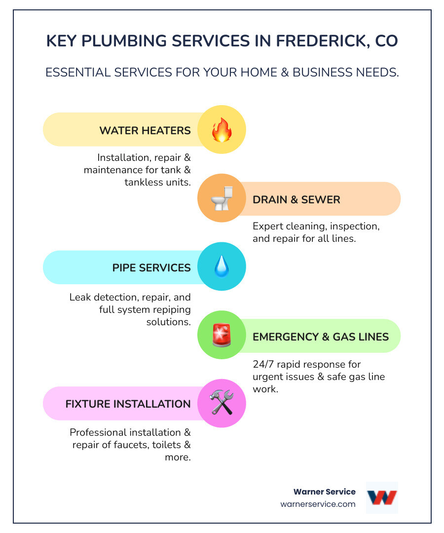 Comprehensive guide showing common plumbing services needed in Frederick CO homes including water heater types, drain cleaning methods, pipe repair options, emergency response times, and seasonal maintenance tips for Colorado weather - plumber frederick co infographic infographic-line-5-steps-colors