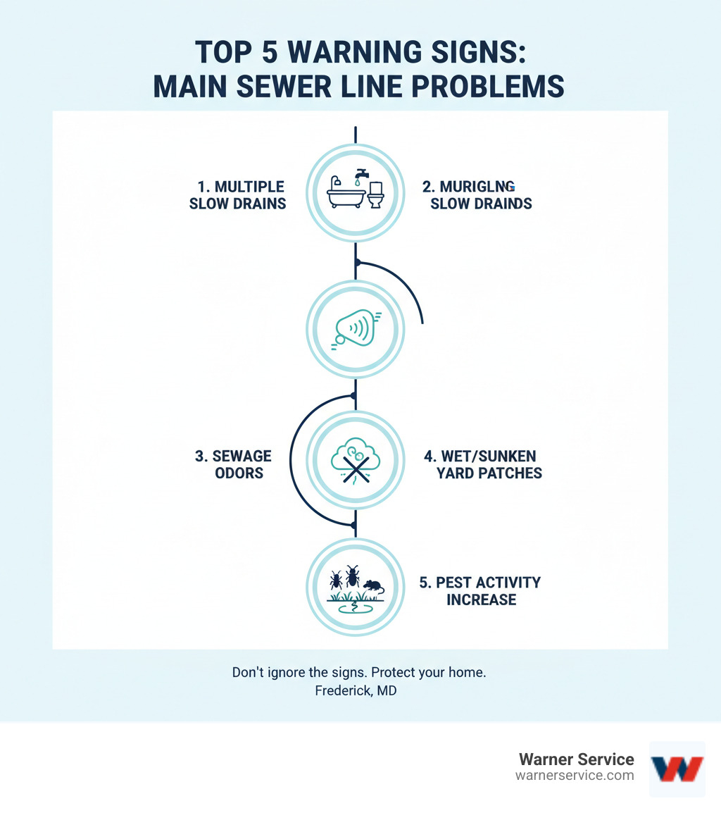 Infographic showing the top 5 warning signs of main sewer line problems: multiple slow drains throughout the house, gurgling sounds from toilets and drains, sewage odors inside or outside the home, wet or sunken patches in the yard, and sudden increases in pest activity - main sewer line repair frederick md infographic 