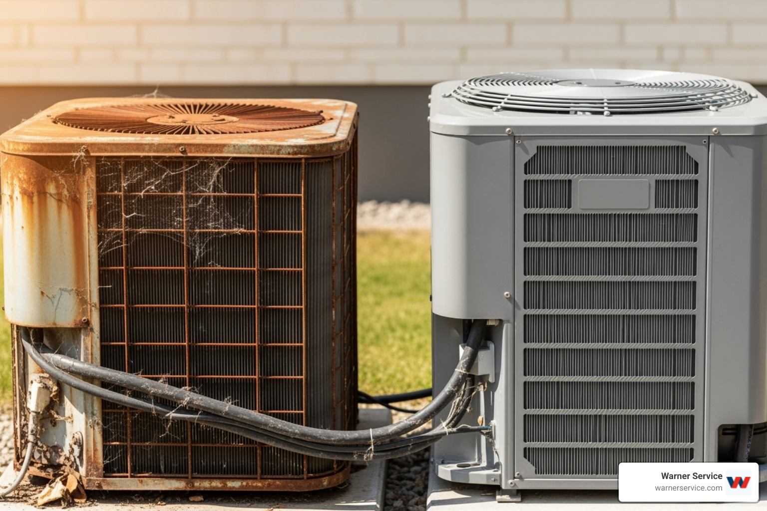 Old, rusted outdoor HVAC unit compared with a modern, sleek one - Frederick HVAC service
