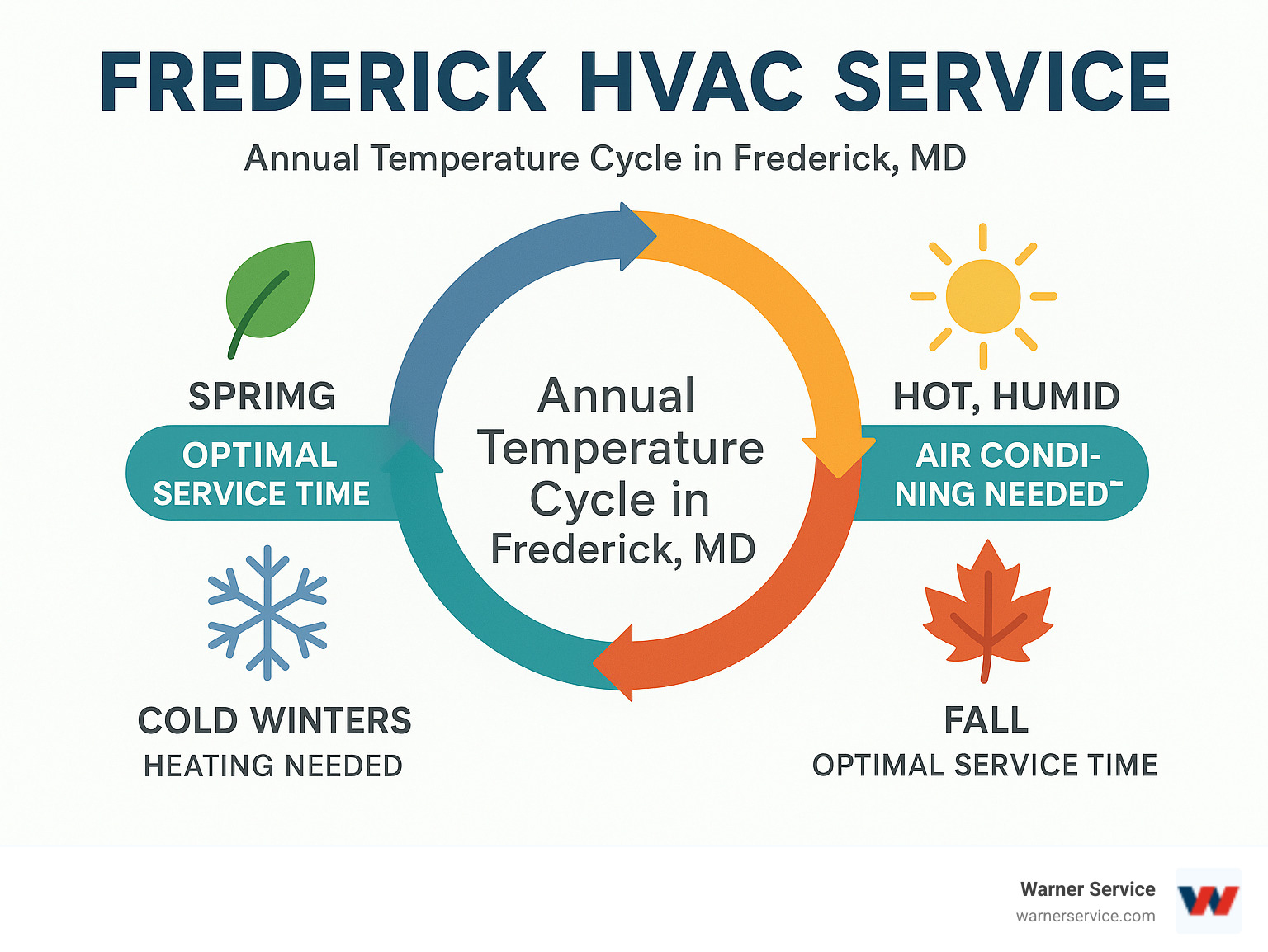 Infographic showing Frederick MD's annual temperature cycle from cold winters requiring heating systems to hot humid summers needing air conditioning, with spring and fall maintenance periods marked as optimal service times - Frederick HVAC service infographic 
