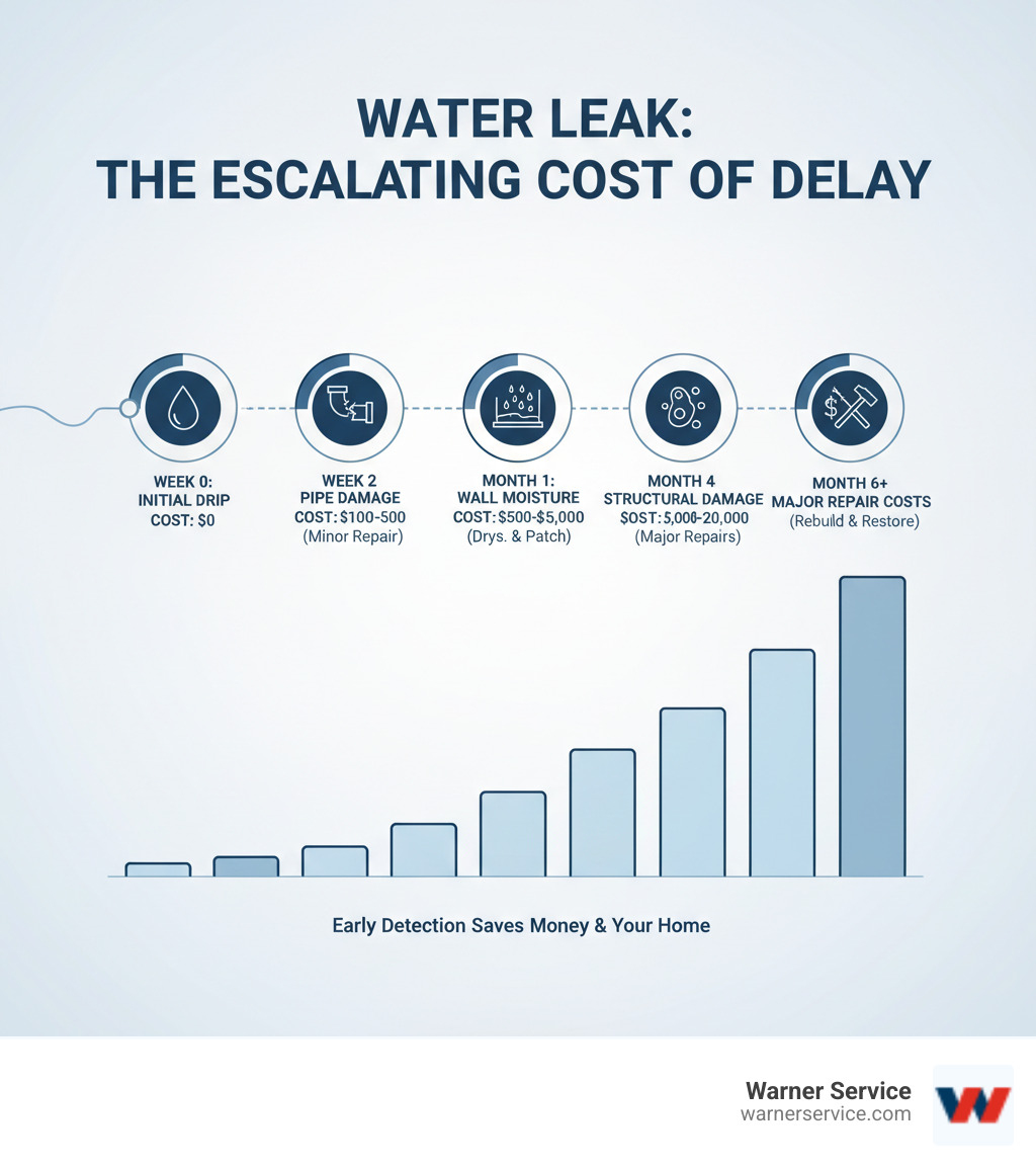 Infographic showing the progression of a water leak from initial drip through pipe damage, wall moisture, mold growth, structural damage, and finally major repair costs, with timeline indicators and cost escalation - leak detection service leesburg va infographic 