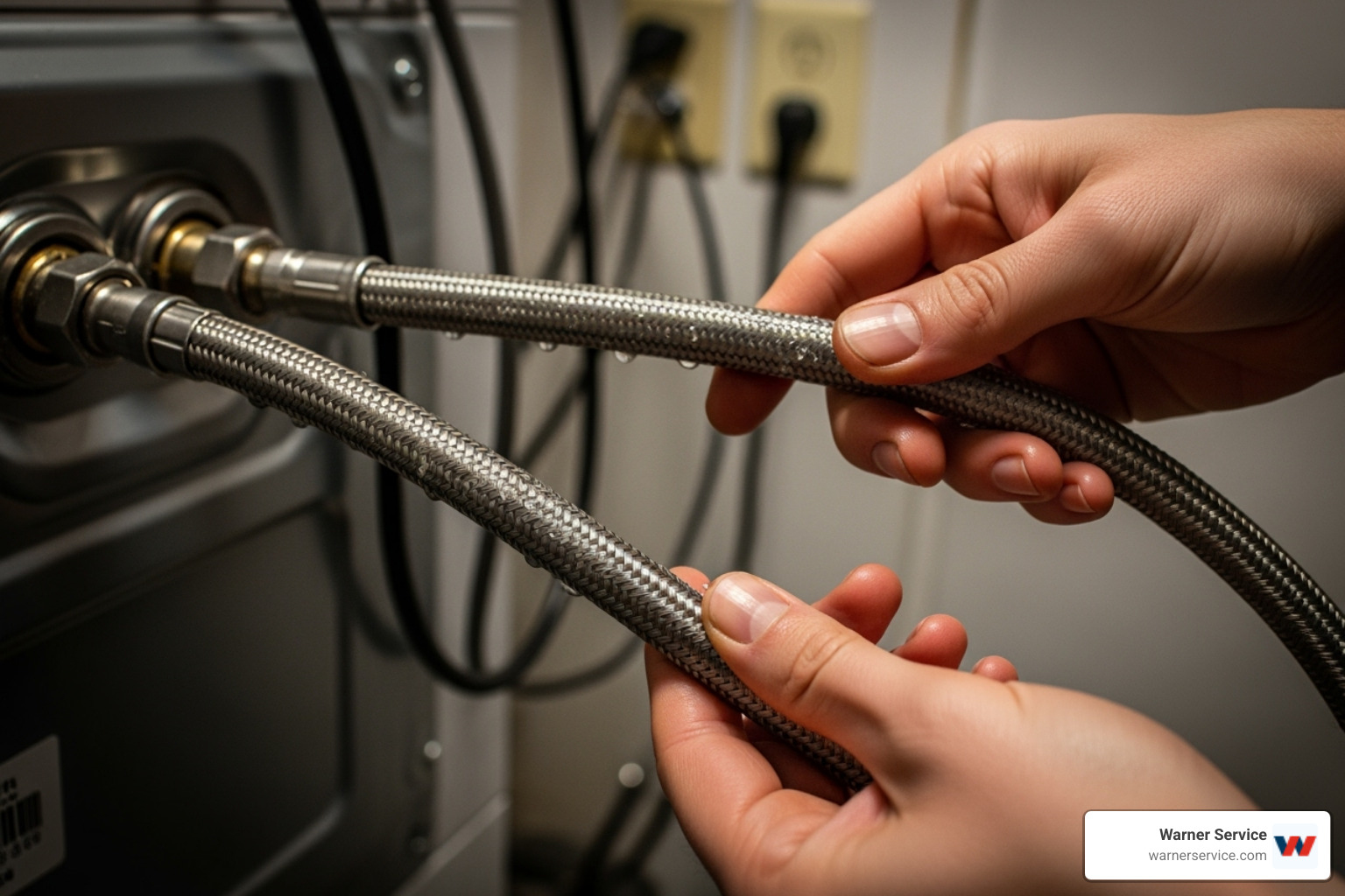 a homeowner inspecting braided steel hoses on a washing machine - leak detection service leesburg va