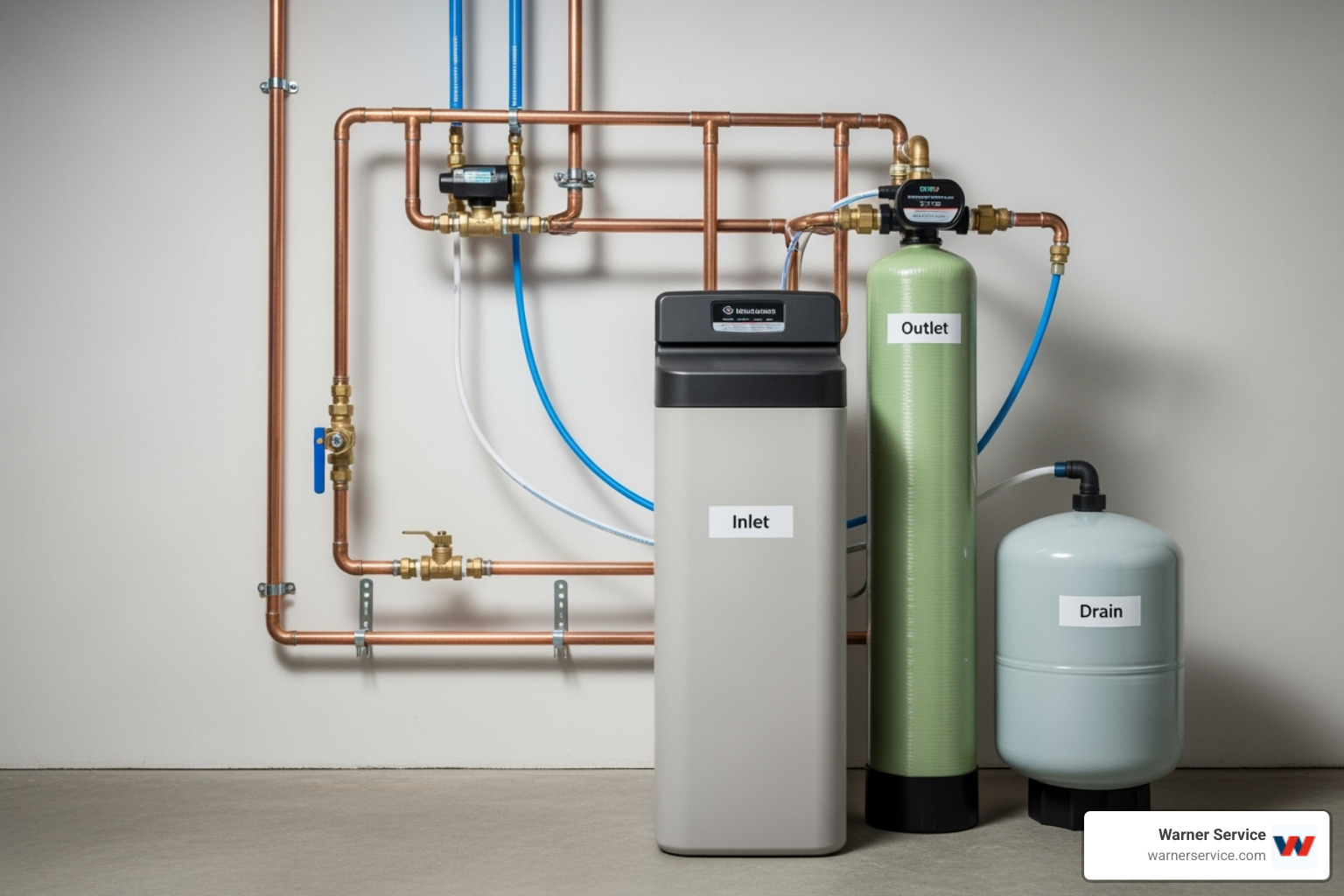 A professionally installed water softener unit in a clean basement, showcasing its components and neat plumbing connections - water softener installation leesburg va