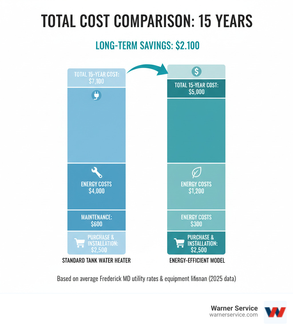 Infographic showing total cost comparison over 15 years between a standard tank water heater versus an energy-efficient model, including purchase price, installation, energy costs, and maintenance expenses, demonstrating long-term savings of efficient systems - affordable water heater frederick md infographic 