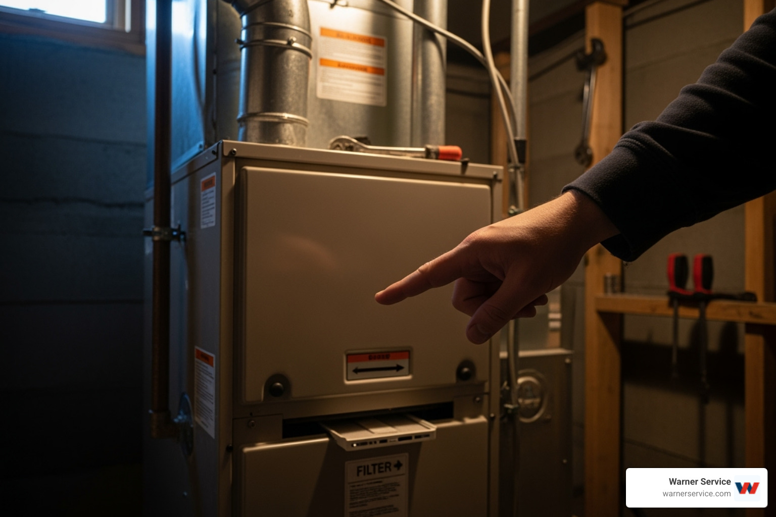 A person's hand pointing to the filter slot on a home furnace - furnace filter replacement frederick md