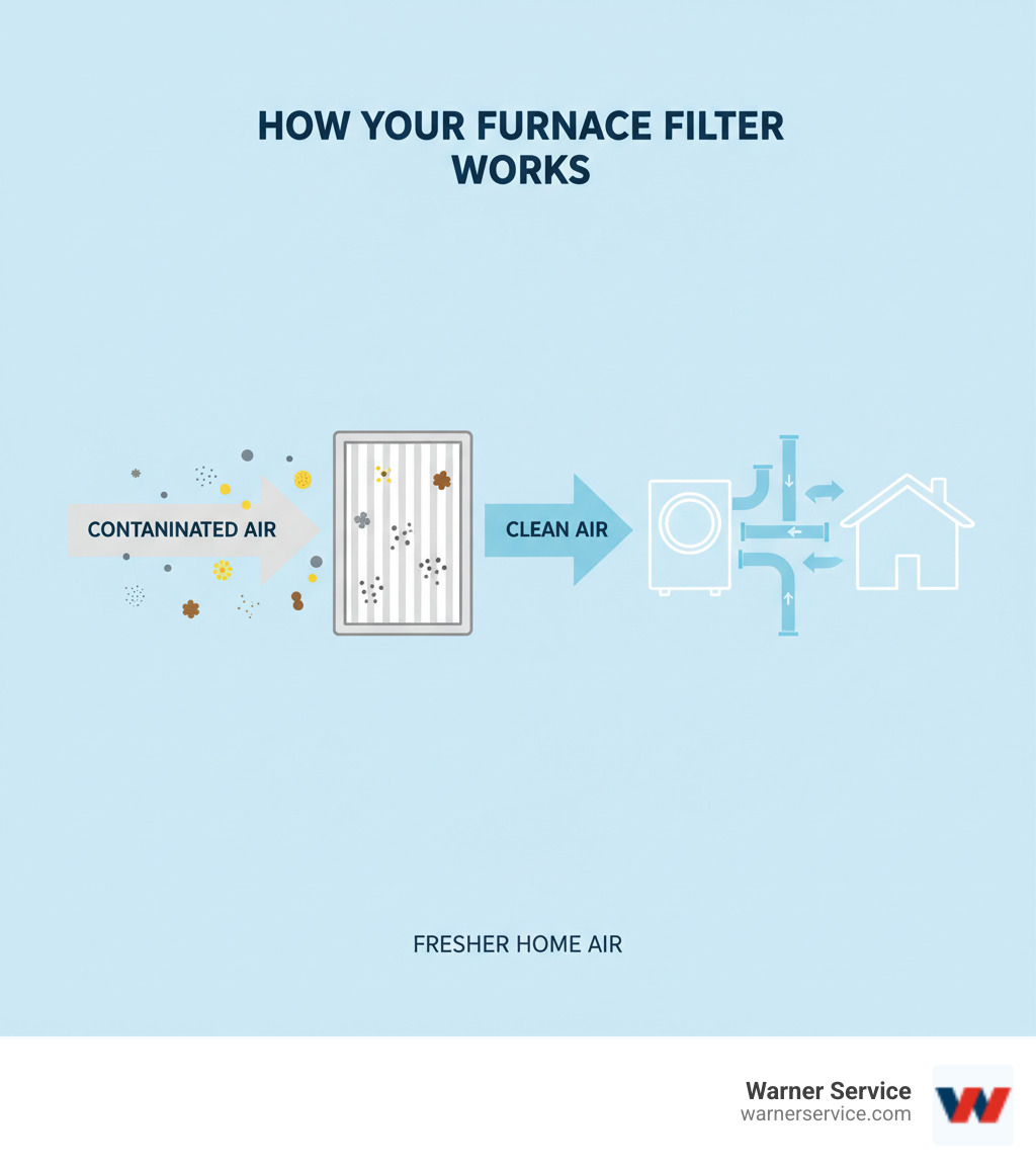 Infographic showing how a furnace filter works: air enters the system carrying dust, pollen, pet dander, and other particles; the filter material traps these contaminants while allowing clean air to pass through to the furnace and then circulate throughout the home via ductwork - furnace filter replacement frederick md infographic 