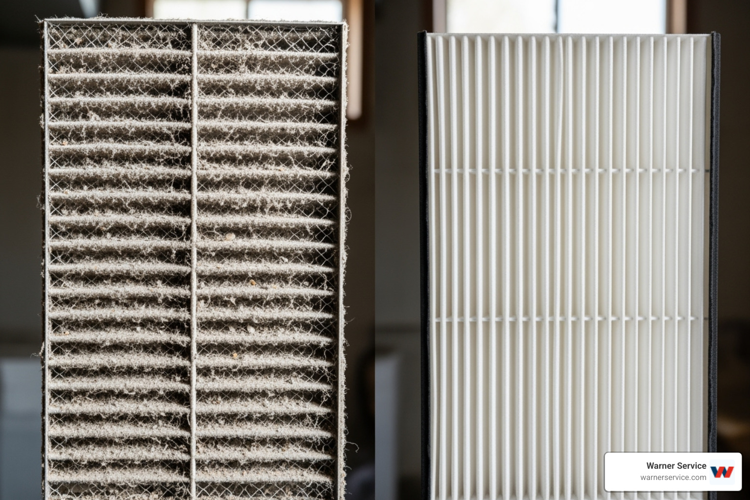 A dirty, clogged furnace filter held next to a brand new, clean one for comparison - furnace filter replacement frederick md