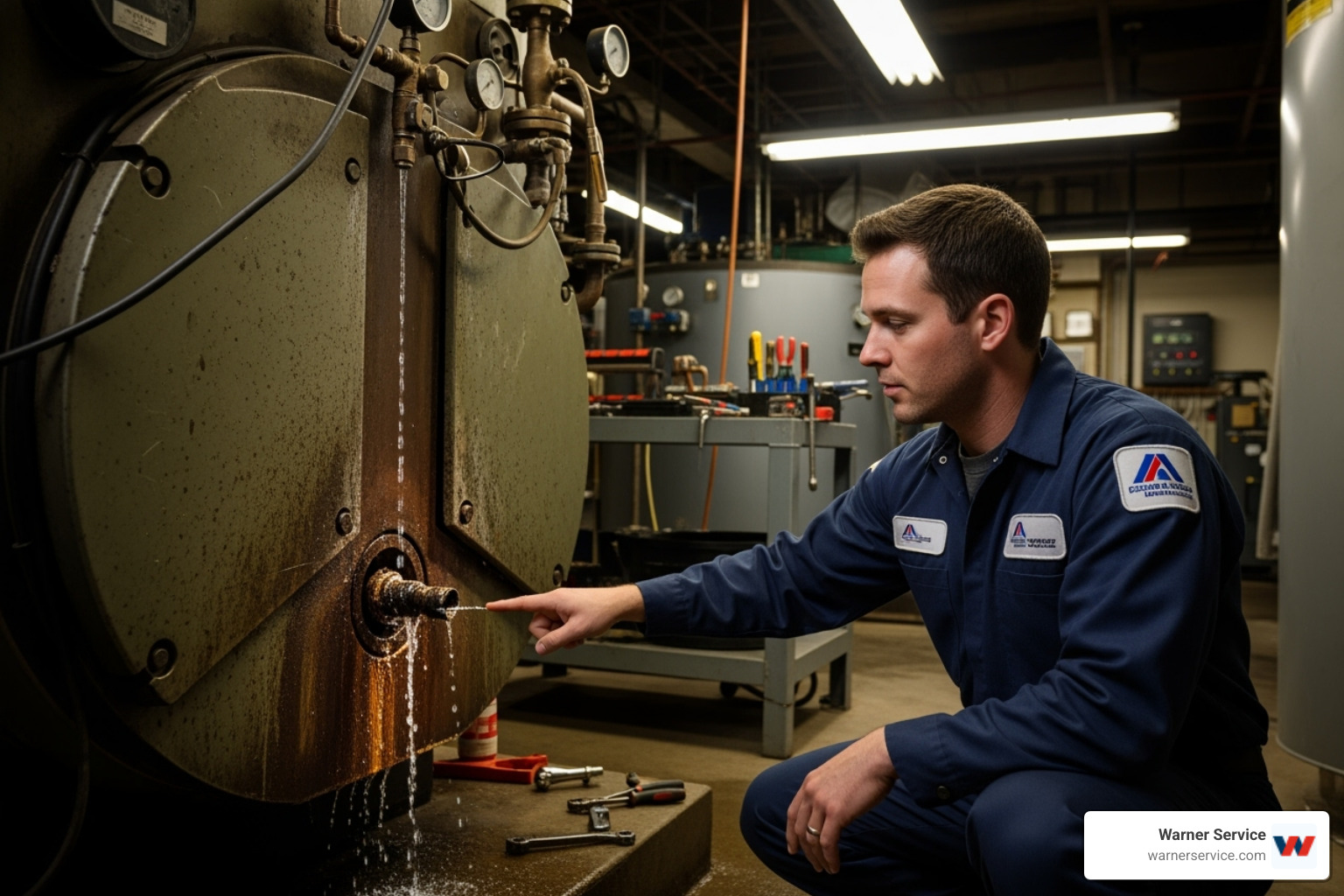 technician pointing to a leak on a commercial boiler - commercial boiler repair frederick md