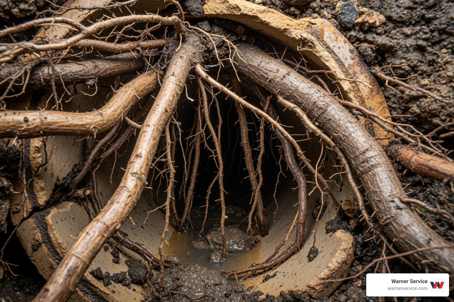 tree roots growing inside a sewer pipe - sewer backup repair frederick md