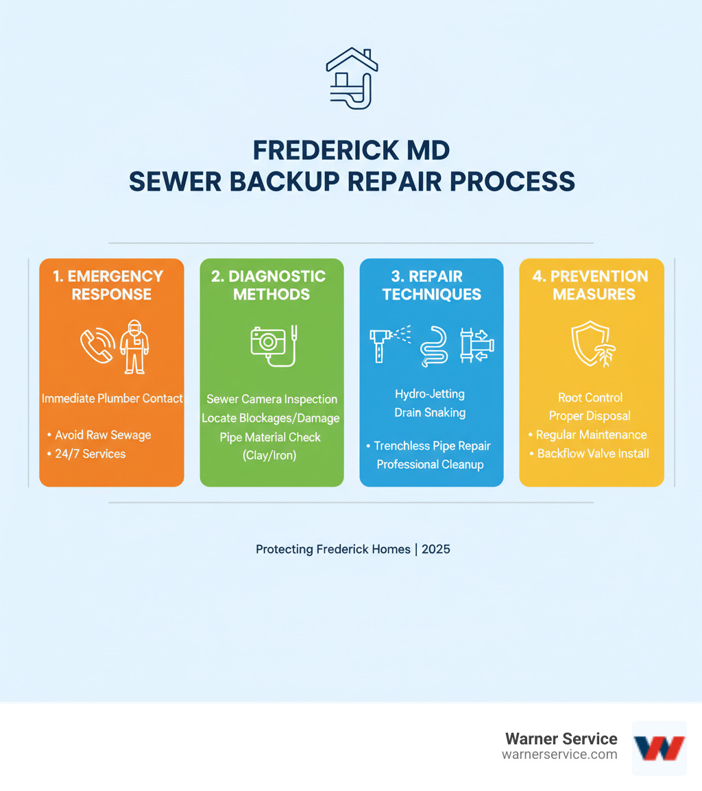 Comprehensive sewer backup repair process showing emergency response steps, diagnostic methods, repair techniques, and prevention measures for Frederick MD homeowners - sewer backup repair frederick md infographic 
