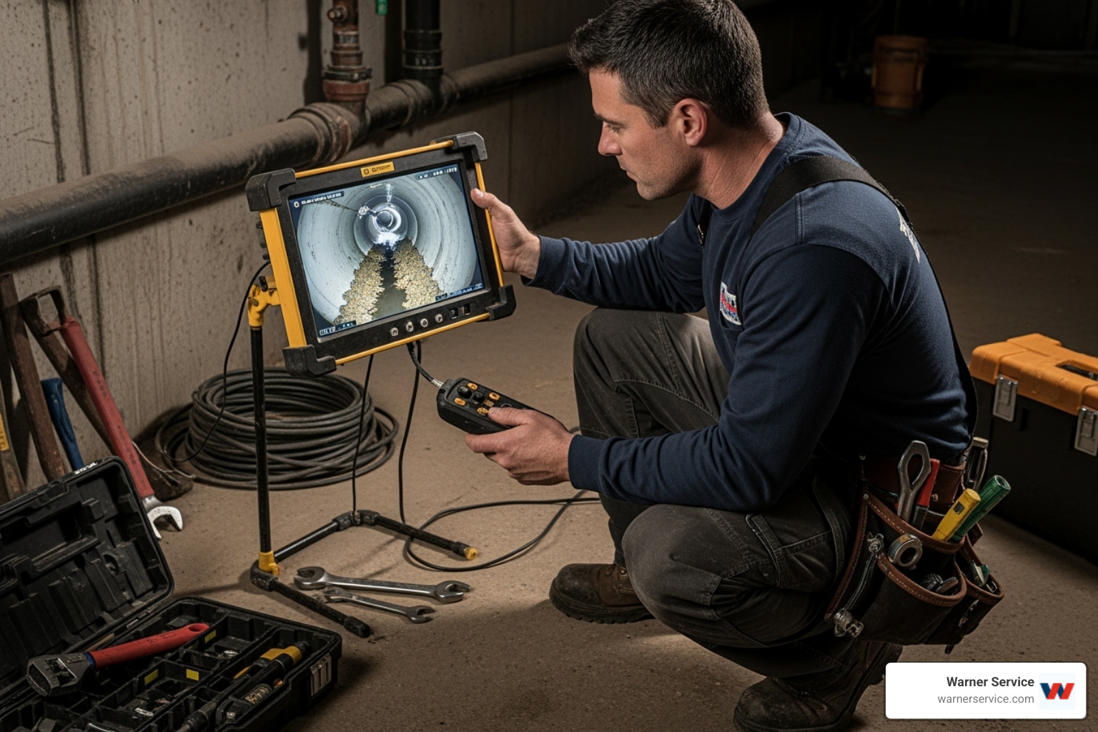 a technician viewing a sewer camera feed on a monitor - sewer backup repair frederick md