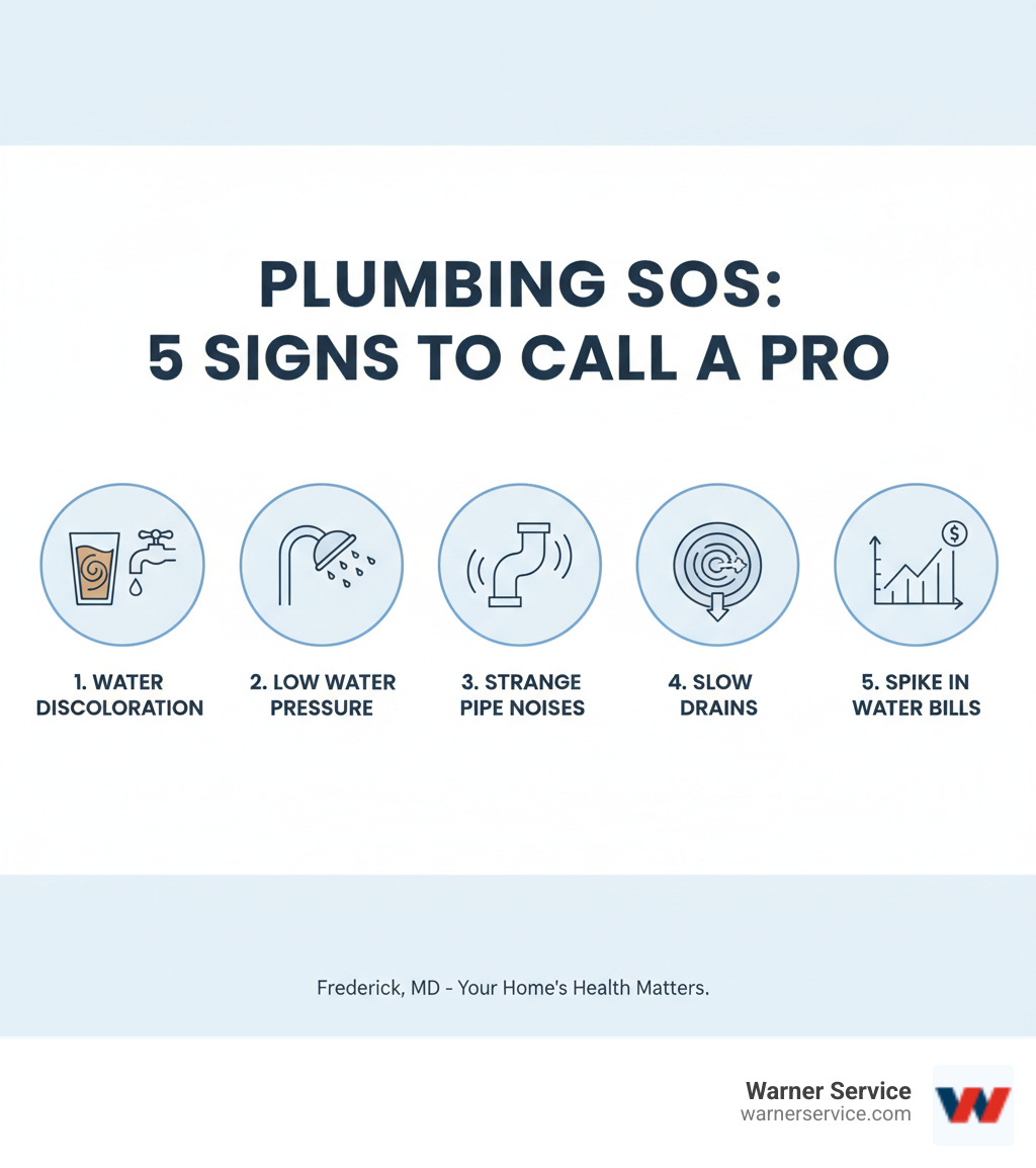 Infographic showing the top 5 signs you need to call a plumber: water discoloration, low water pressure, strange pipe noises, slow drains, and sudden spike in water bills - plumbing contractor frederick md infographic 