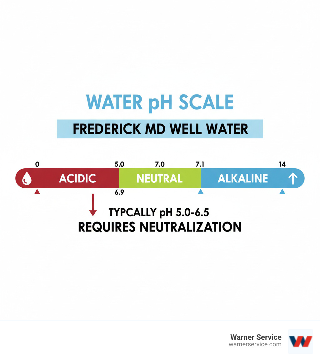 Infographic showing water pH scale from 0-14, with acidic range (0-6.9) in red, neutral zone (7.0) in green, and alkaline range (7.1-14) in blue, highlighting that Frederick MD well water typically falls between pH 5.0-6.5 requiring neutralization - acid neutralizer frederick md infographic 