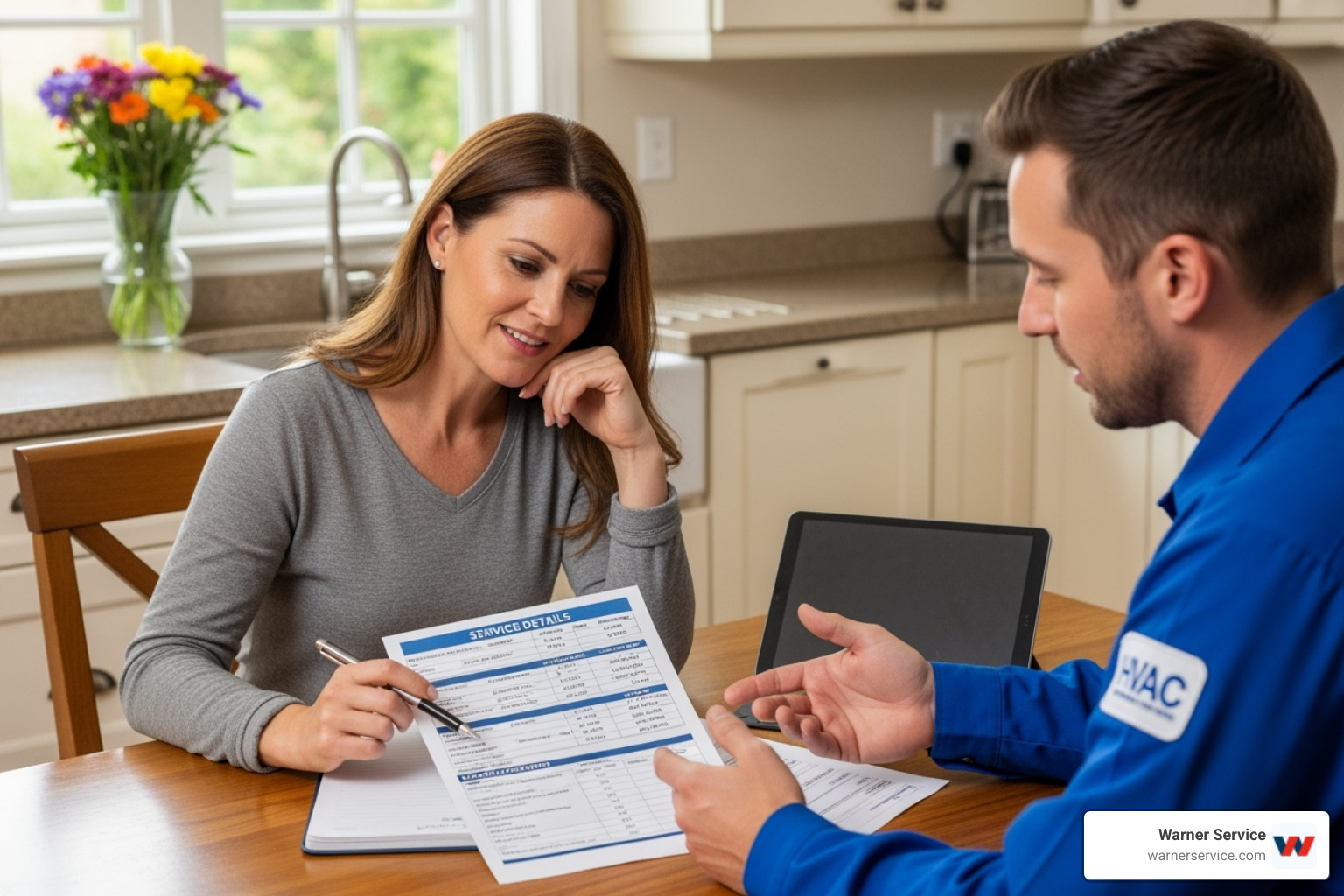 person reviewing financing agreement with HVAC technician - hvac installation financing frederick md