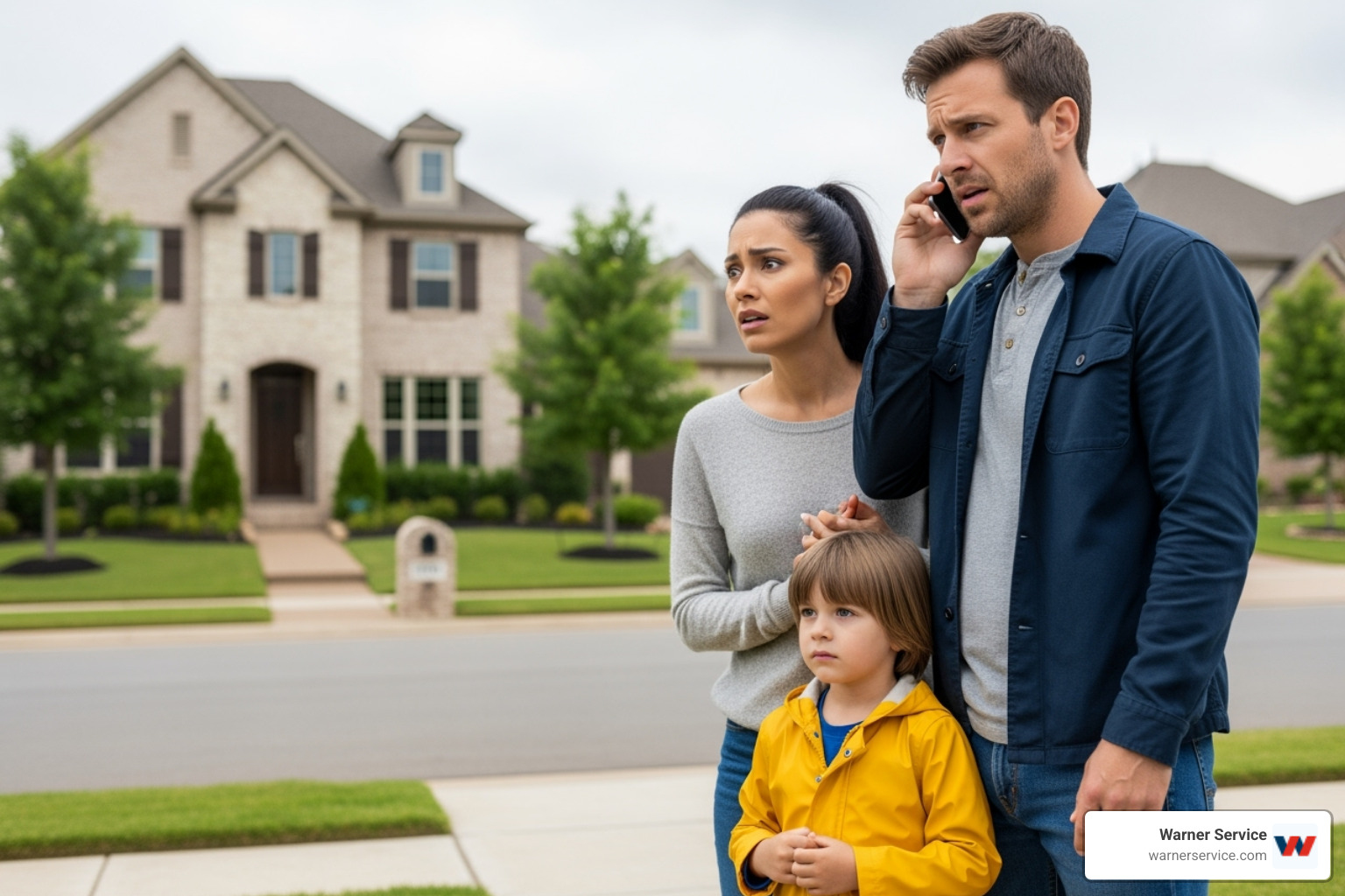 of a family standing safely across the street from their home, on the phone - emergency gas line repair frederick md