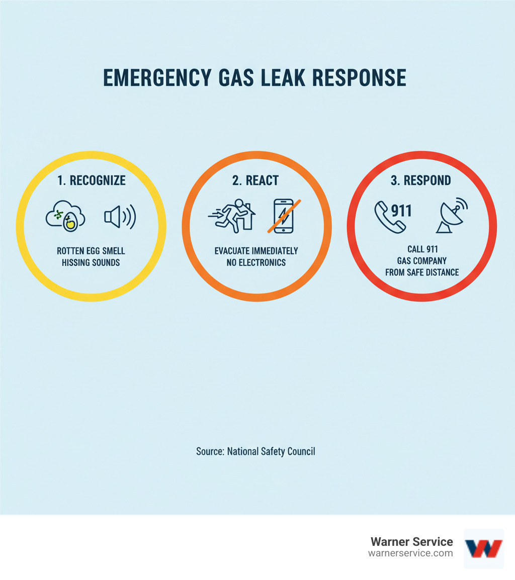 Infographic showing the three-step emergency gas leak response: Recognize the rotten egg smell and hissing sounds, React by evacuating immediately without using electronics, and Respond by calling 911 and the gas company from a safe distance - emergency gas line repair frederick md infographic 