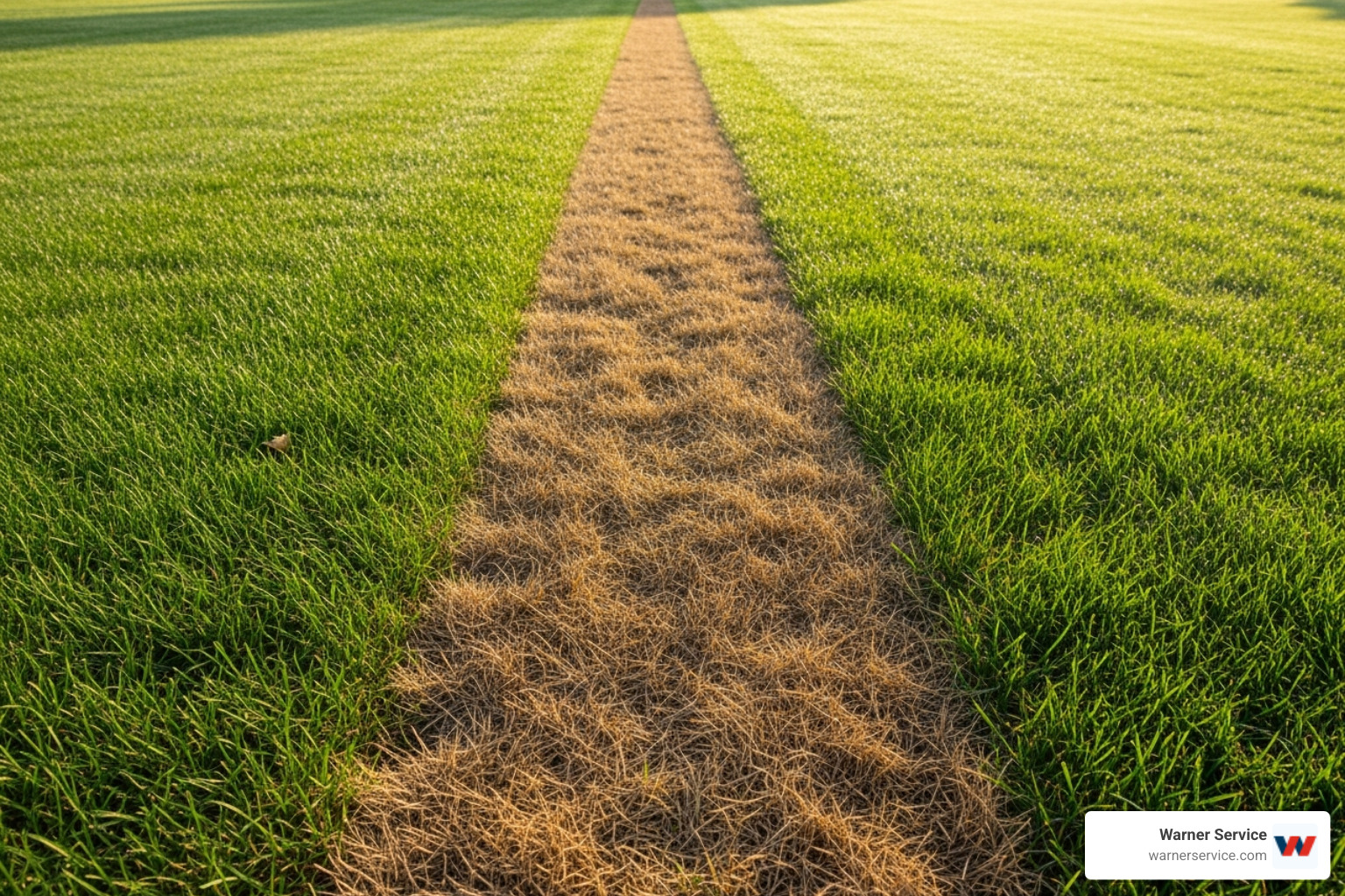 of a distinct line of dead grass in a green lawn indicating a buried leak - emergency gas line repair frederick md