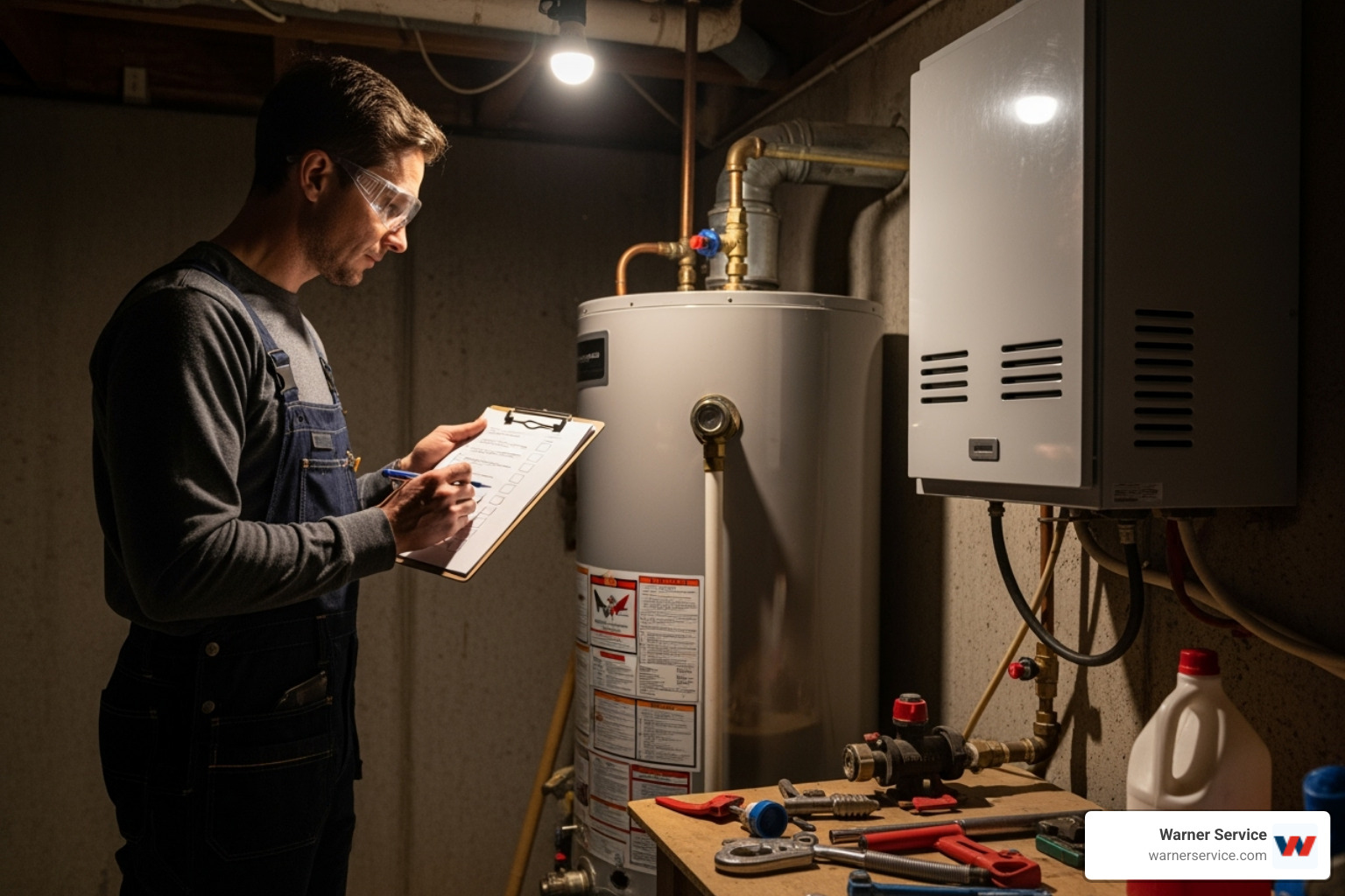person inspecting a water heater with a checklist - best water heater frederick md