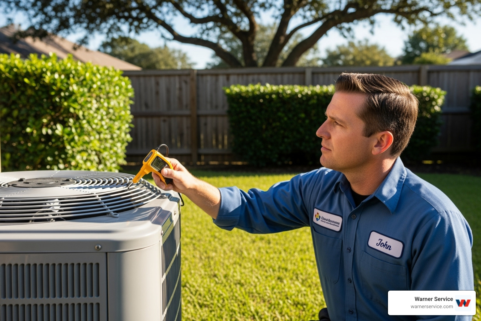 Image of a technician inspecting an outdoor AC unit - AC repair Clover Hill