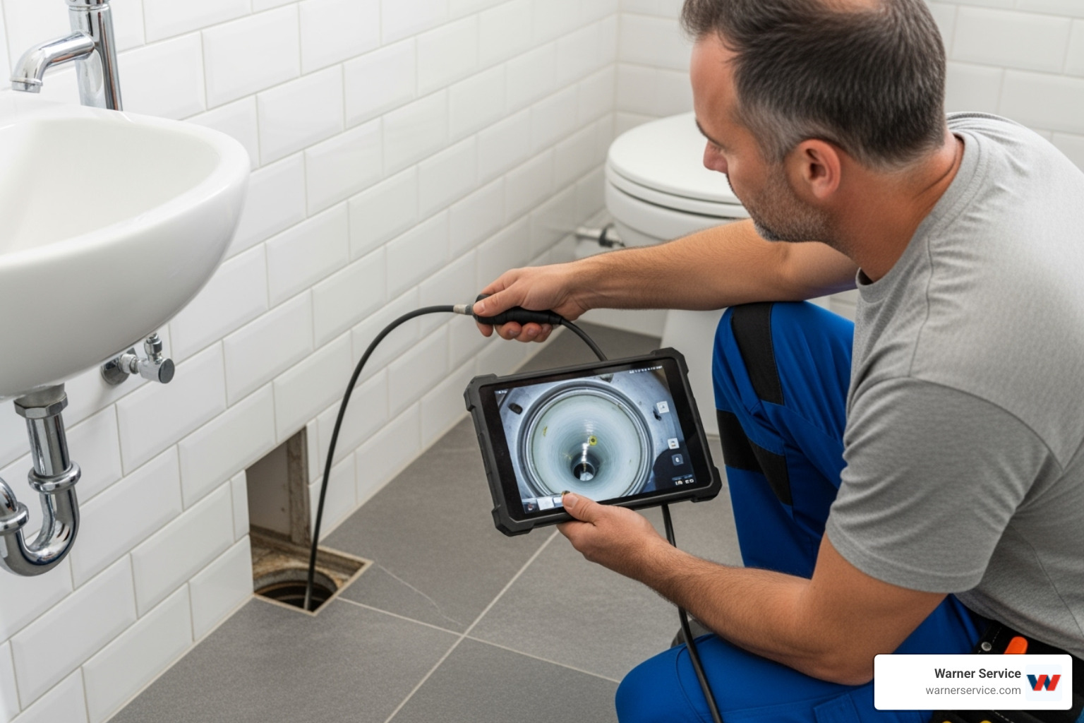 plumber using a video inspection camera on a tablet - drain unclogging frederick md