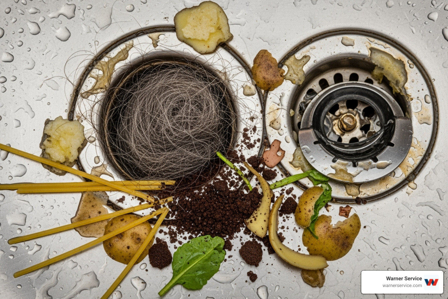 common clog-causing materials like hair, grease, and food scraps next to a drain - drain unclogging frederick md